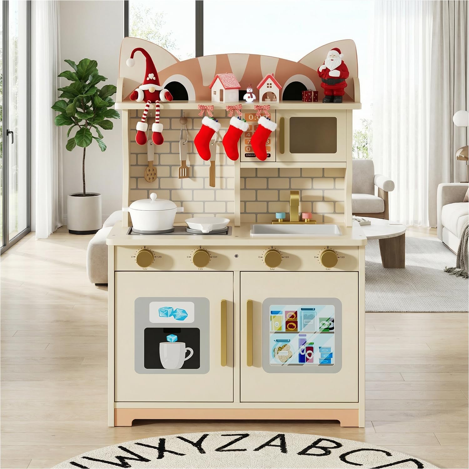 Wooden Play Kitchen for Ages 3-8 Babies, Cat Design Kitchen Playset with Microwave, Stove, Sink, Clicking Knobs, Kids Children Pretend Toy for Boys Girls, White
