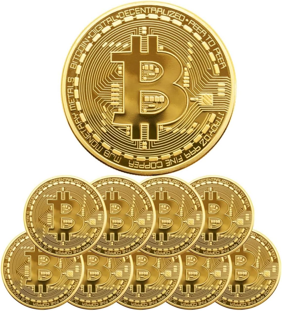10 Pcs Bitcoin Coins, 24K Gold Plated, 3mm BTC Cryptocurrency Collectibles with Protective Case, Blockchain Decor for Home and Office