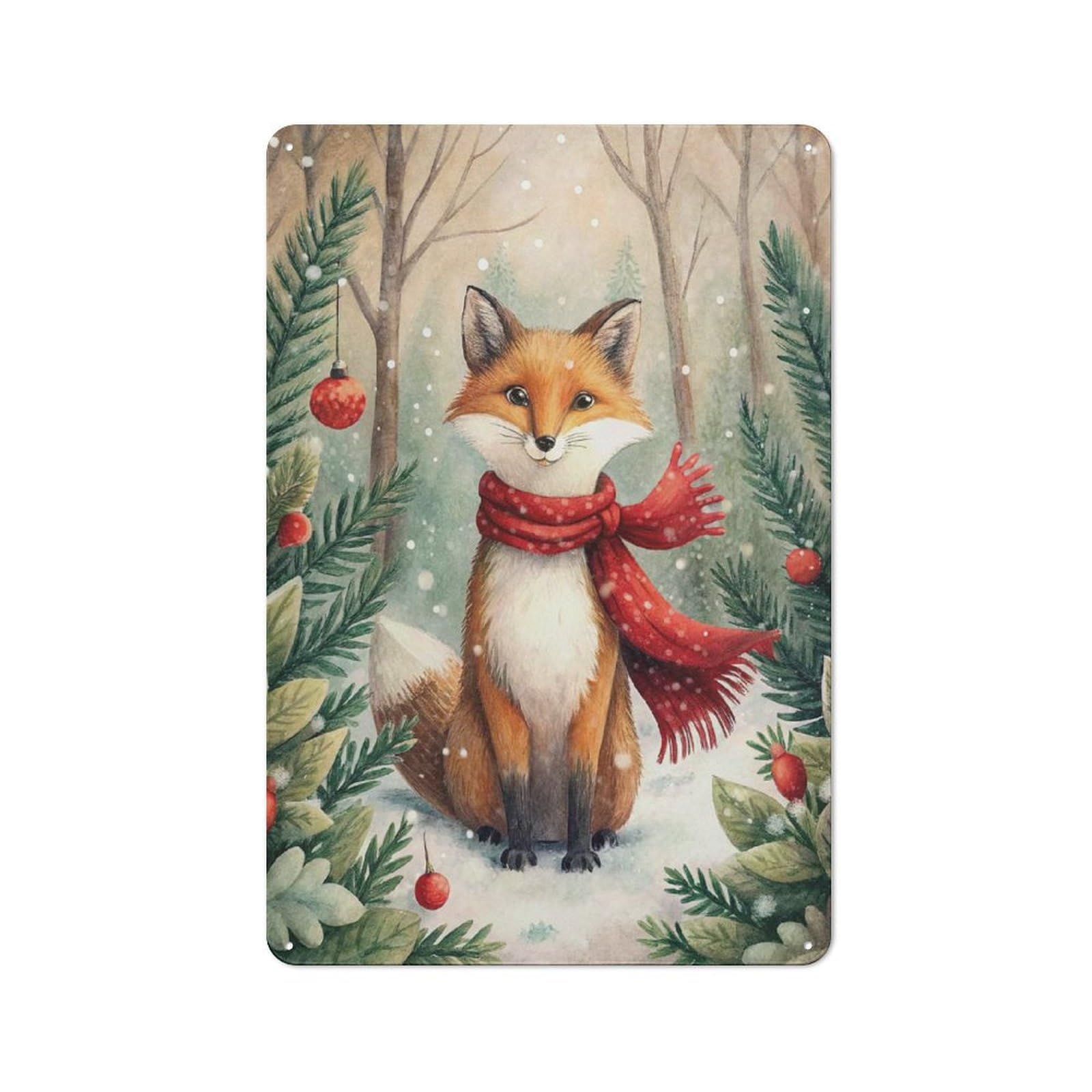 Junmoney Style-10 Winter Fox With Scarf And Ornaments Workshop Style Metal Wall Decor 30X20cm, Decorative Metal Plaque For Garage, Workshop, Shed Or Utility Room