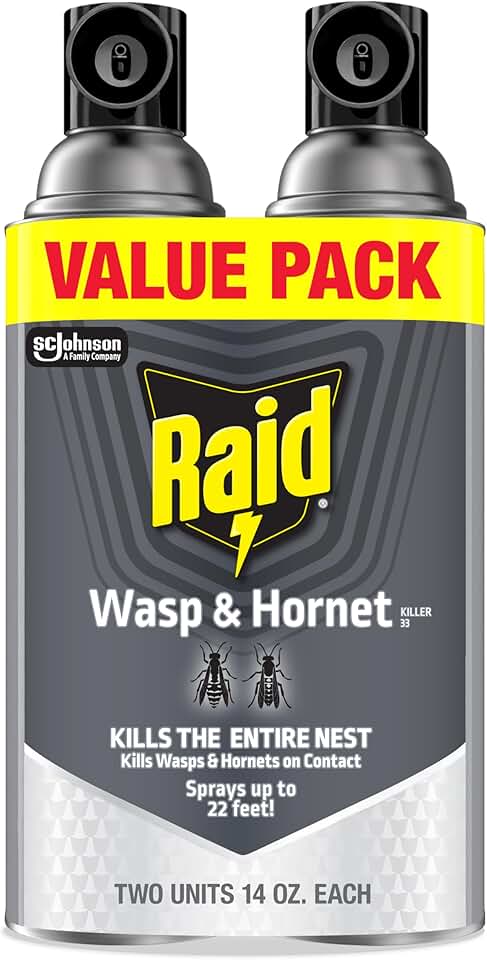 Raid Wasp &amp; Hornet Killer Spray, Kills the Entire Nest, For Paper Wasps, Yellow Jackets, Mud Daubers and more, 14 oz (Pack of 2)