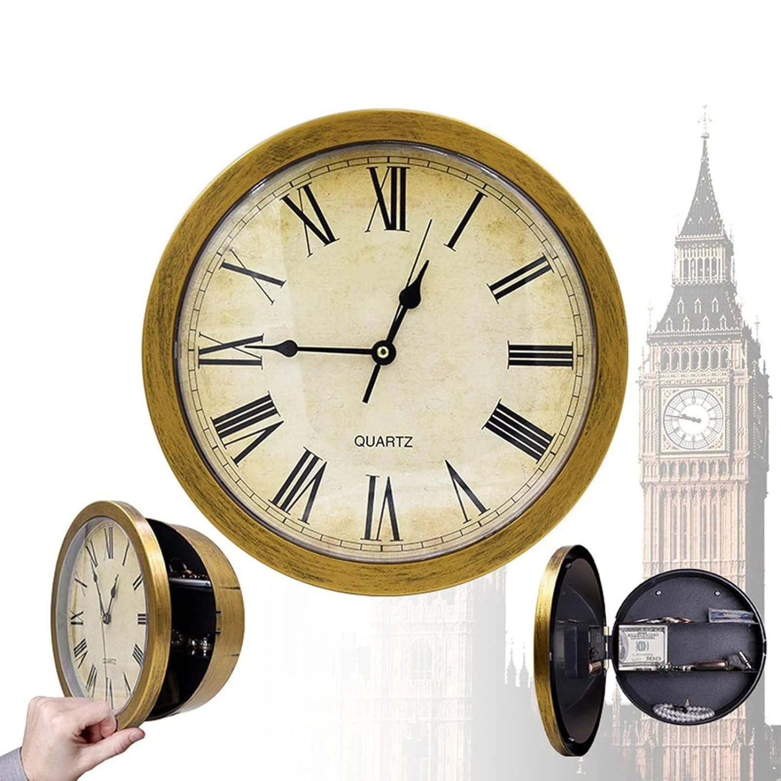 Orologio da parete cassaforte, scomparto segreto orologi da parete vintage decorazione orologio cassaforte contenitore per gioielli contanti oggetti di valore