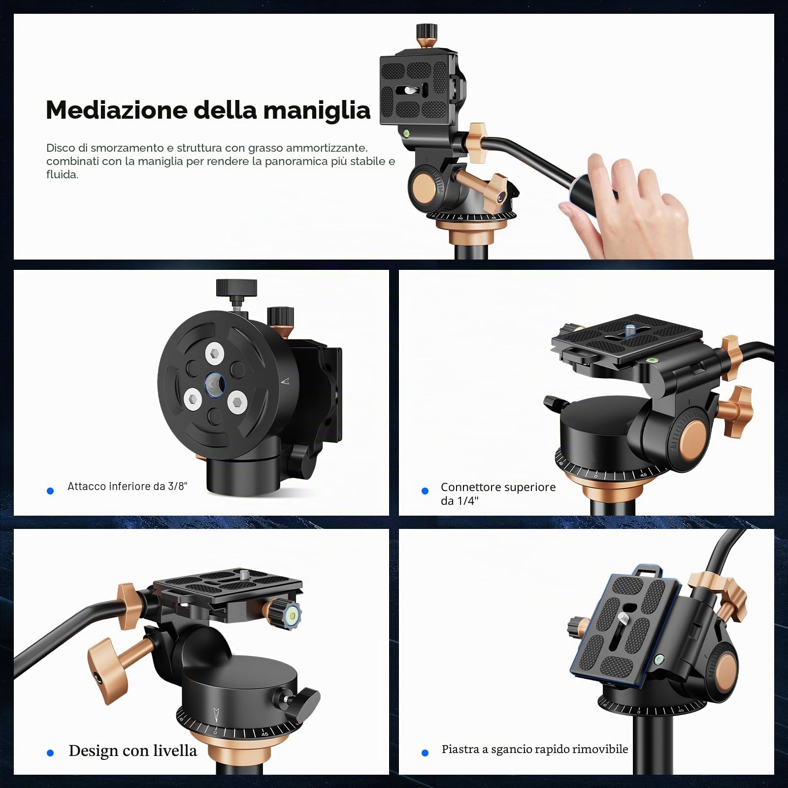 Soonpho Q-08S Testa Fluida Panoramica in Metallo di trascinamento del fluido con impugnatura estesa per videocamere DSLR, piastra scorrevole a vite da 1/4 3/8" Testa a treppiede rotante a 360 gradi