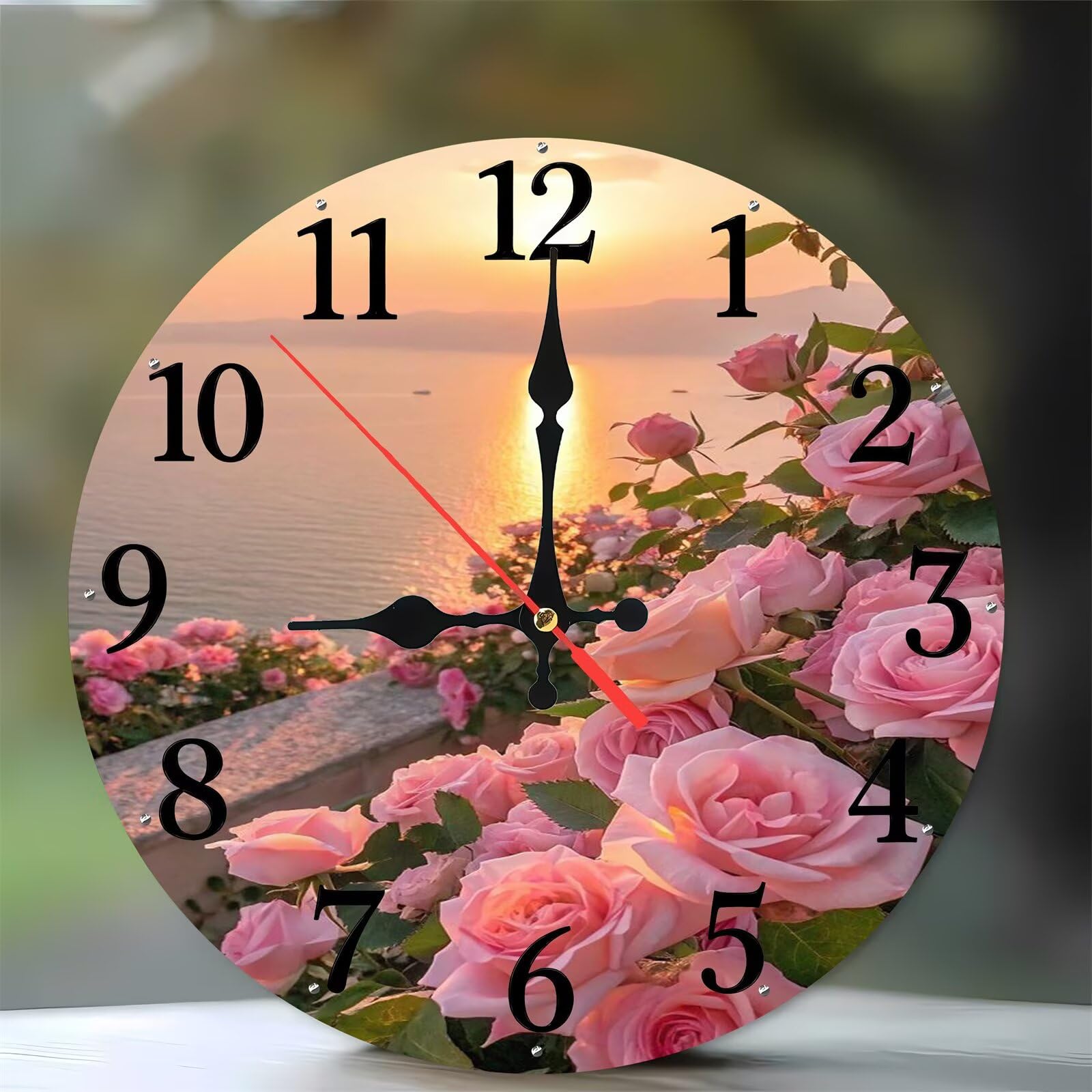 Jinmer 6 Inch Wall Clock,Seaside Sunset Roses Modern Silent Non ticking Clocks, Wooden Frameless Round Easy to Read wall clock for Kitchen/Living Room/Bedroom/Bathroom