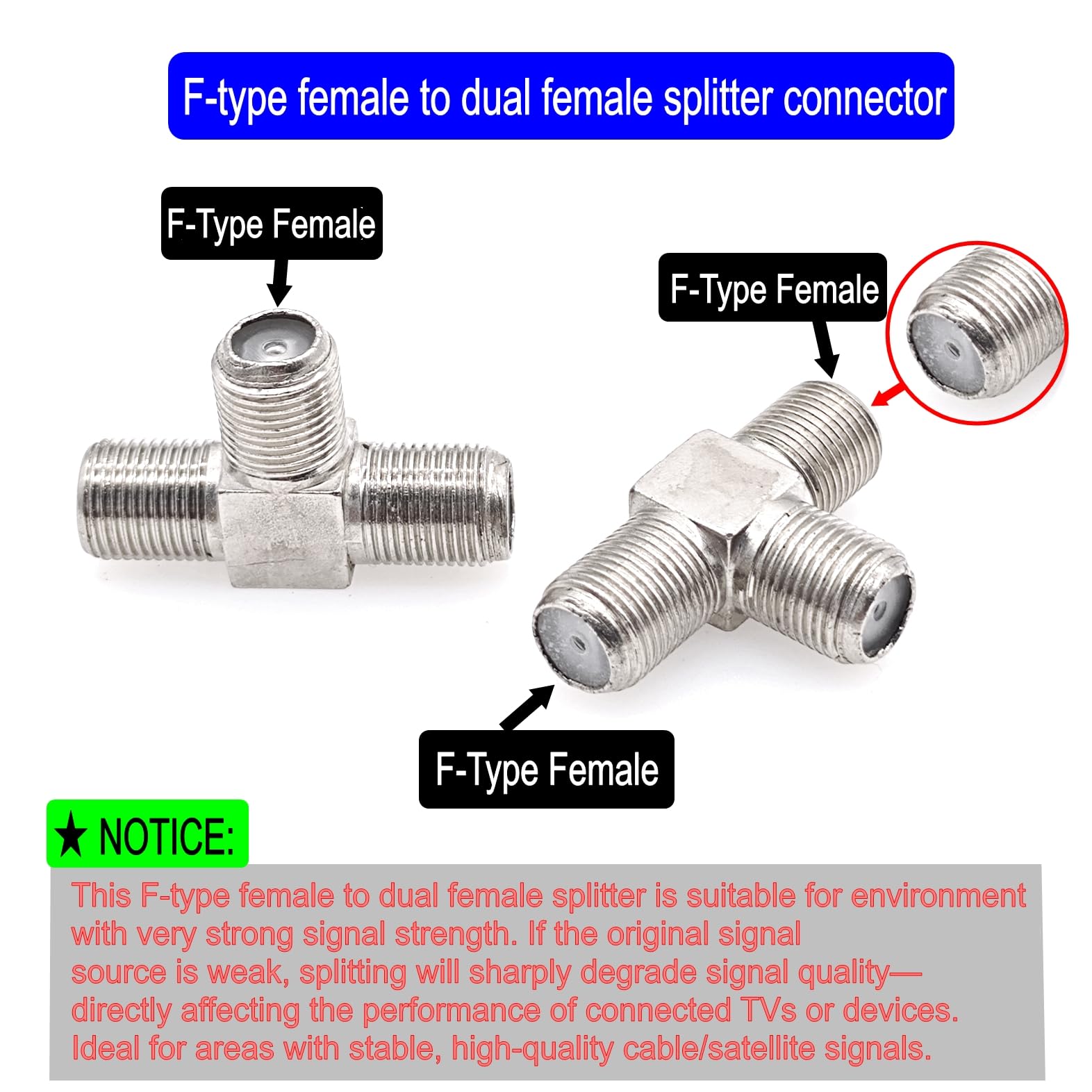 JZK 2x connecteurs répartiteurs en T type F à 3 voies adaptateur répartiteur coaxial TV satellite F femelle vers double femelle, combinateur d'antenne TV 75 ohms pour câble, modem, récepteur satellite