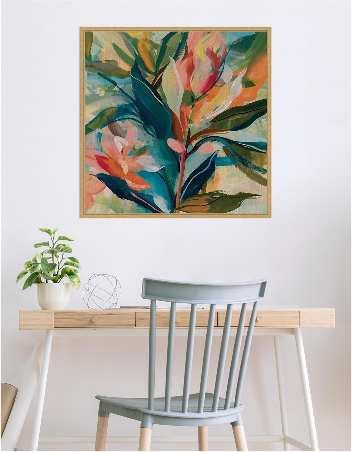 Kate and Laurel Colorful Tropic Botanical Abstract Neutral Linen Framed Canvas Wall Art by The Creative Bunch Studio 30 x 30 Sylvie Bright Gold, Bohemian, Abstract, Flowers Art for Wall Decor, Living