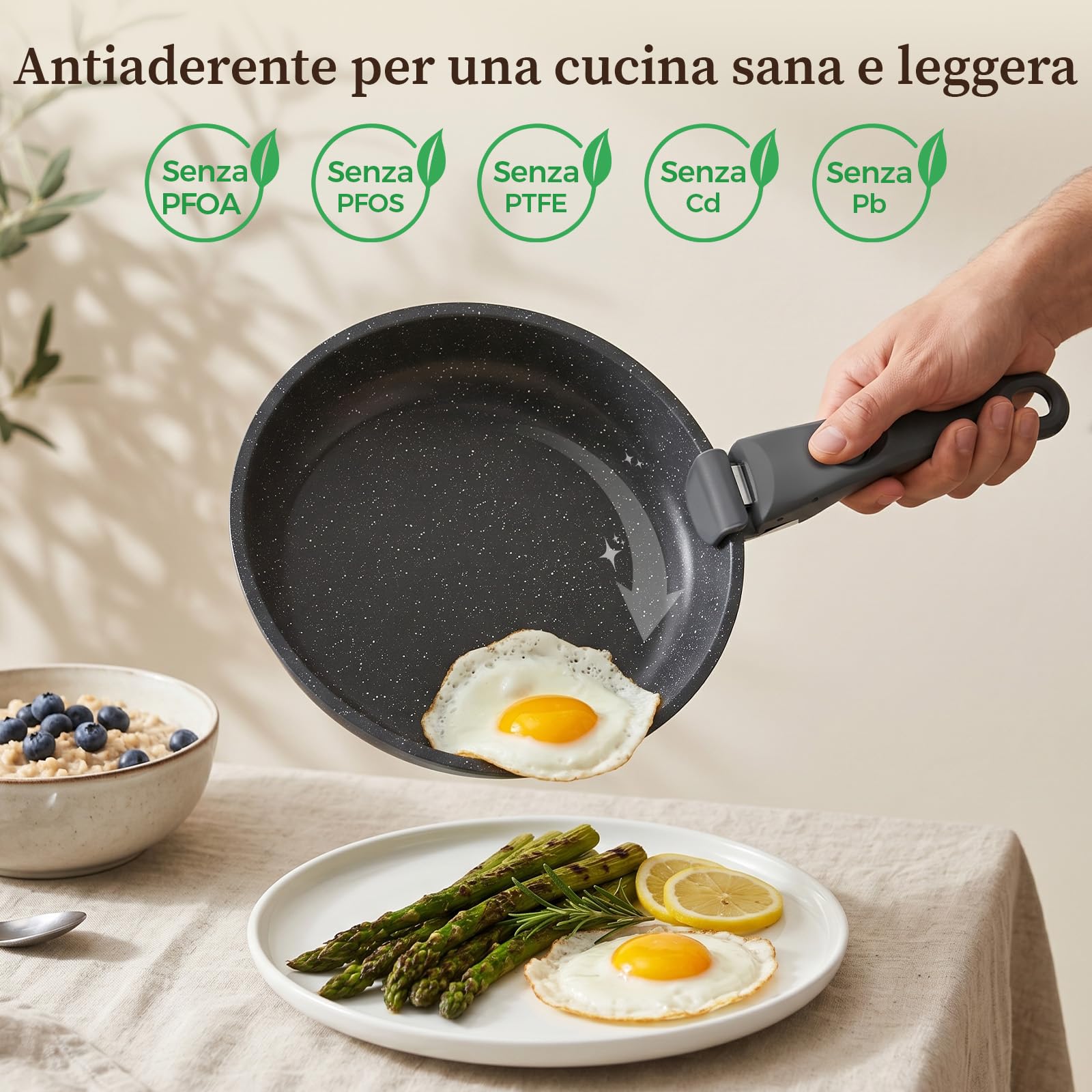 YASHE Pentole induzione 9 pezzi, atossiche, senza PTFE e PFAS | Tegame con Coperchio, Set Pentole e Padelle Antiaderenti in Granito Nero, Induzione, Salvaspazio Impilabile