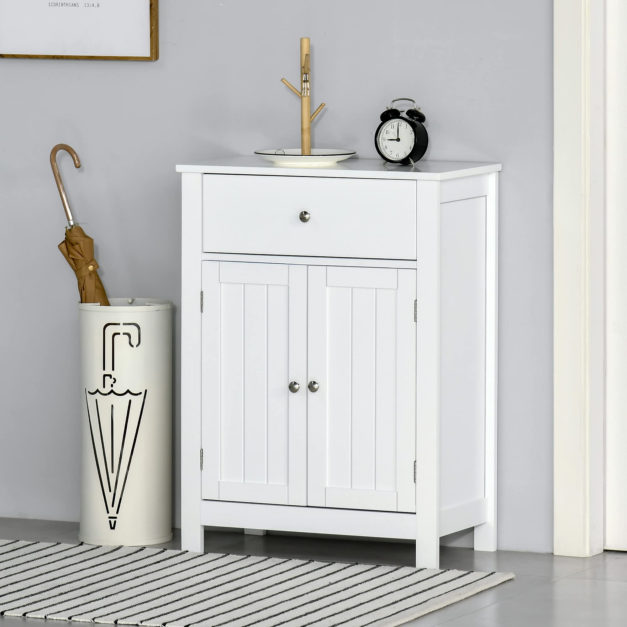 kleankin Armario de Baño de Almacenaje Multifuncional Mueble Auxiliar con 2 Puertas 1 Cajón y Estante Interior Ajustable Antivuelco para Cocina Salón 60x30x80 cm Blanco