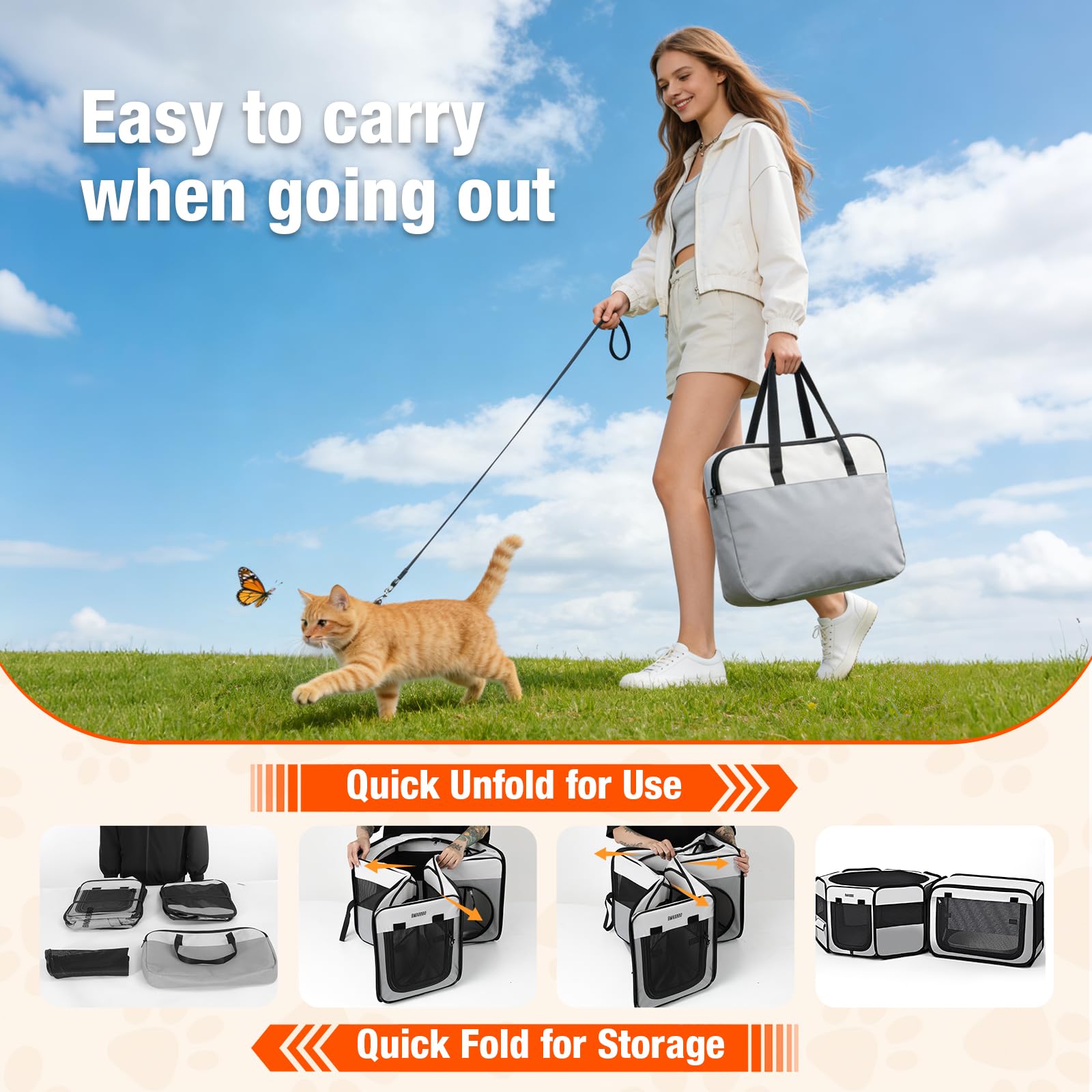 Corralito portátil 2 en 1 para gatos, 48 x 26 x 26 pulgadas, corralito grande para mascotas con caja de arena desmontable, perrera desplegable para interiores y exteriores, para gatos, perros pequeños