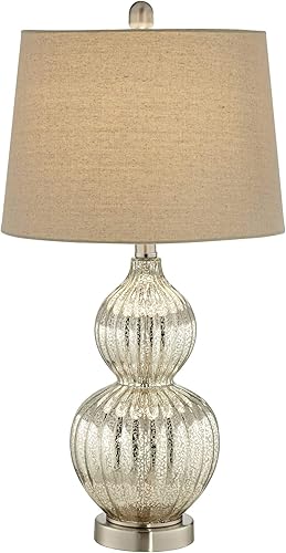 Miniatura 10 de Lili - Juego de 2 lámparas de mesa de 25 pulgadas de alto vidrio de mercurio acanalado de metal plateado cepillado doble calabaza decoración para