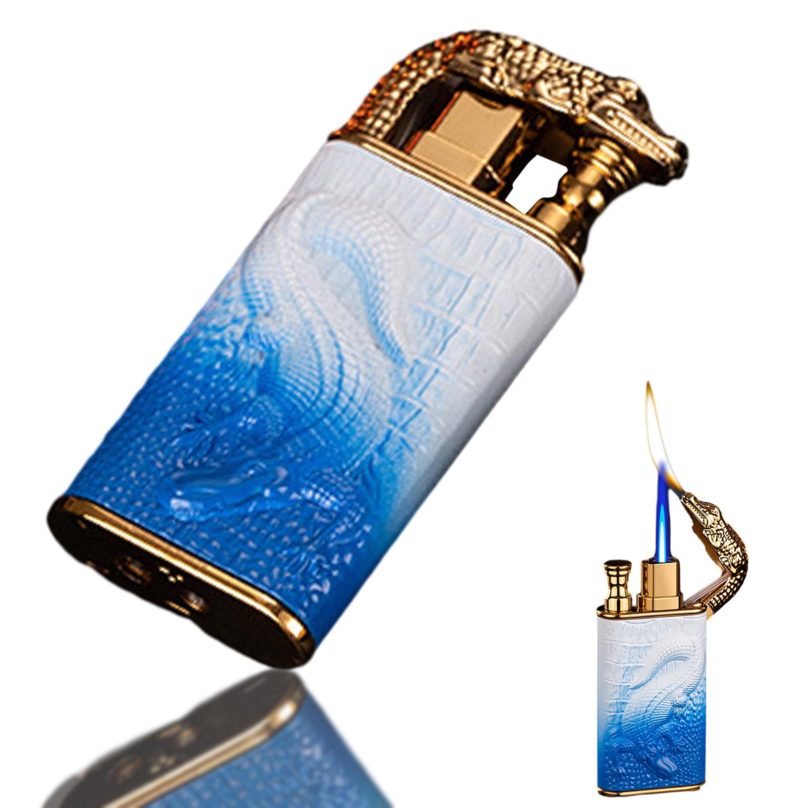 Double Flame Lighter - Windproof Creative Crocodile Embossed Dual Flame Butane Torch Refillable Mens Gift White and Blue