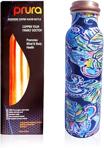 PRURA Botella de agua de cobre con estampado puro, a prueba de fugas, recipiente de cobre ayurvédico para deportes, gimnasio, aire libre, yoga, disponible en Yaxa Peru