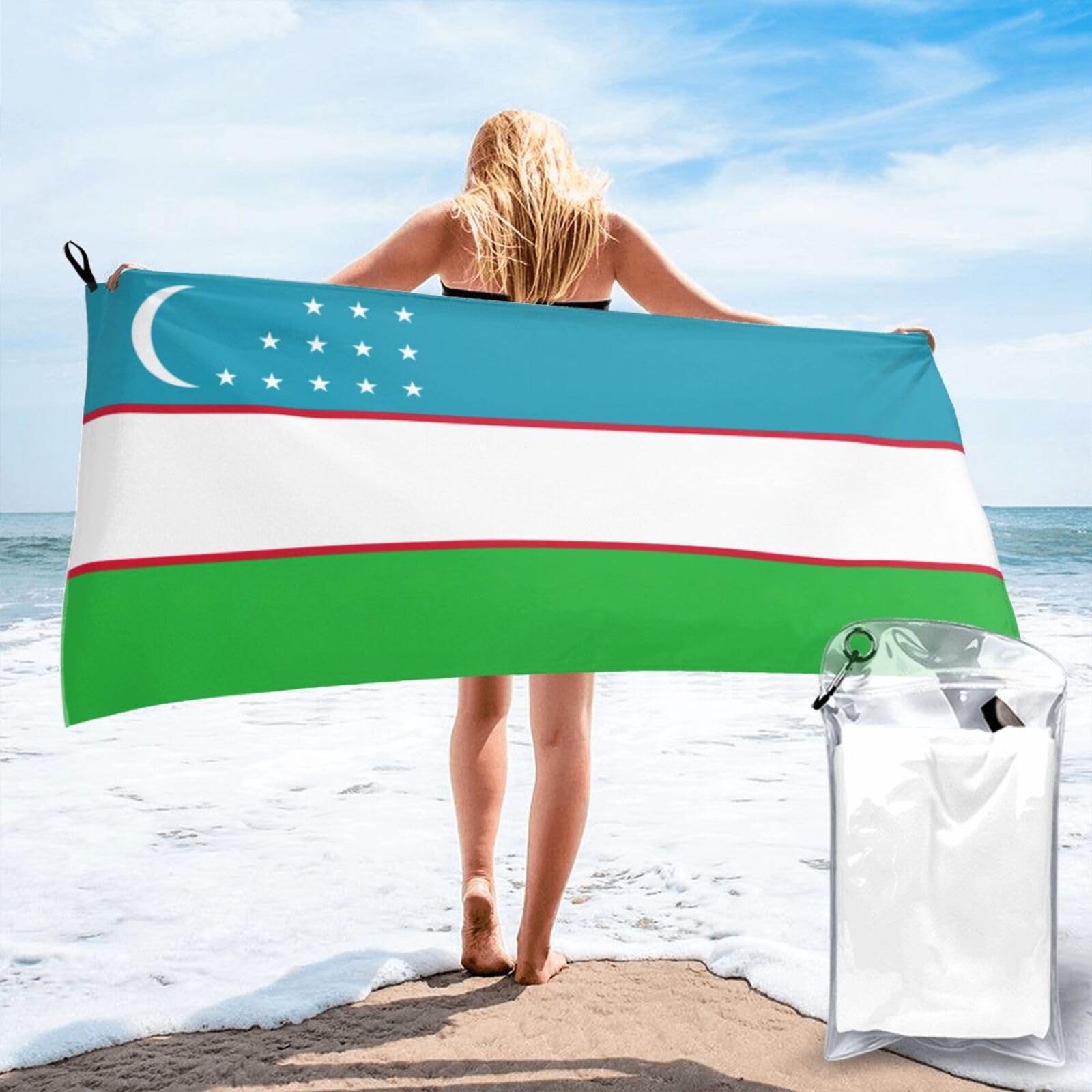 DIEzig Flag Of The Republic Of Uzbekistan Print Beach Towel Fast Dry Thin For Holiday Vacation Cruise Gym Swimmers