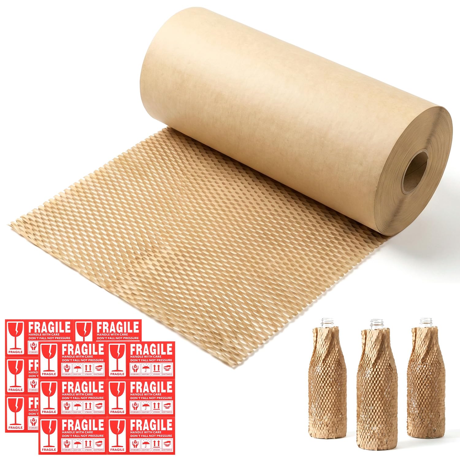 QWORK® Papel de Embalaje Nido de Abeja 30cm x 100m, 80g/m² Rollo Kraft Amortiguador para Mudanzas, Envío de Objetos Frágiles y Regalos