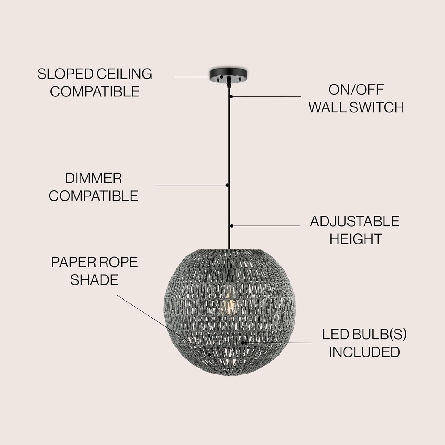 JONATHAN Y 16" Grey/Black Modern Bohemian Woven LED Pendant Light, Adjustable Hanging Ceiling Lamp for Kitchen Island Dining Room, Paper Wicker Shade, Bulb Included (JYL6503D)