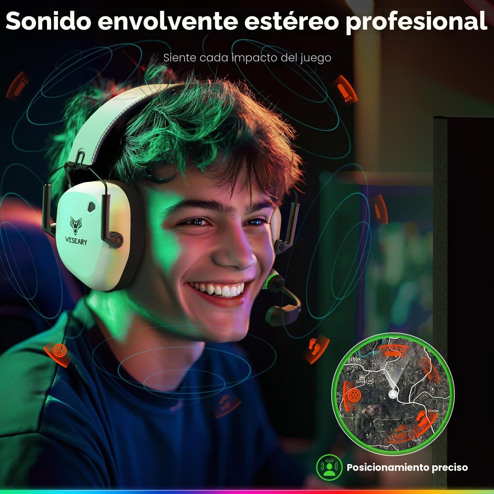 WESEARY WG4 Cascos Gaming Inalambricos, Auriculares Gaming de 2.4G para PS5, PS4, PC, Switch, Mobile, Sonido Estéreo Auriculares con Microfono, Duración 45Hr+