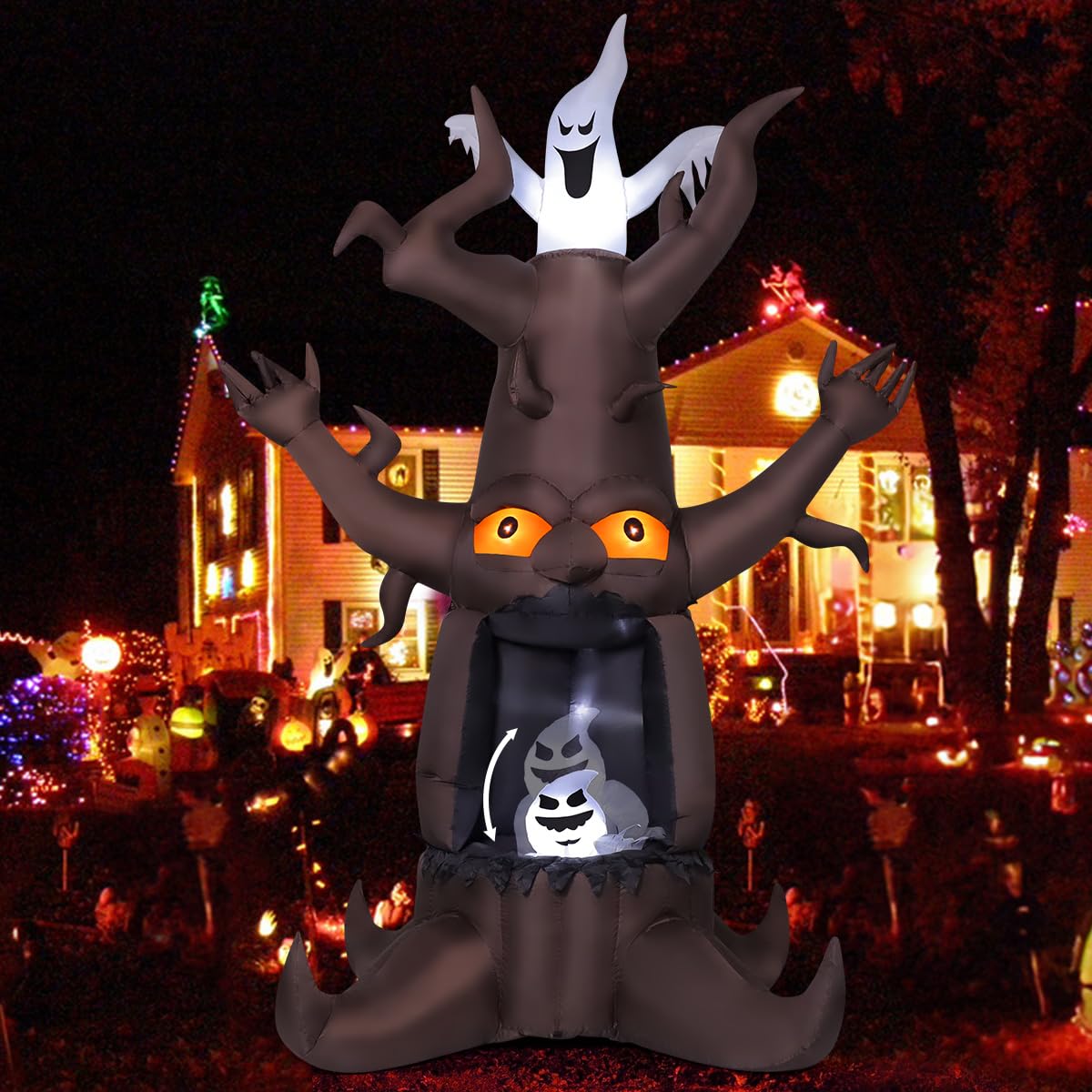 GOOSH 9 FT Halloween Inflatable Animated Dead Tree Outdoor Decorations Blow Up Yard Scary Tree And White Ghost With Built-In LEDs For Outdoor Garden Lawn Party Decor