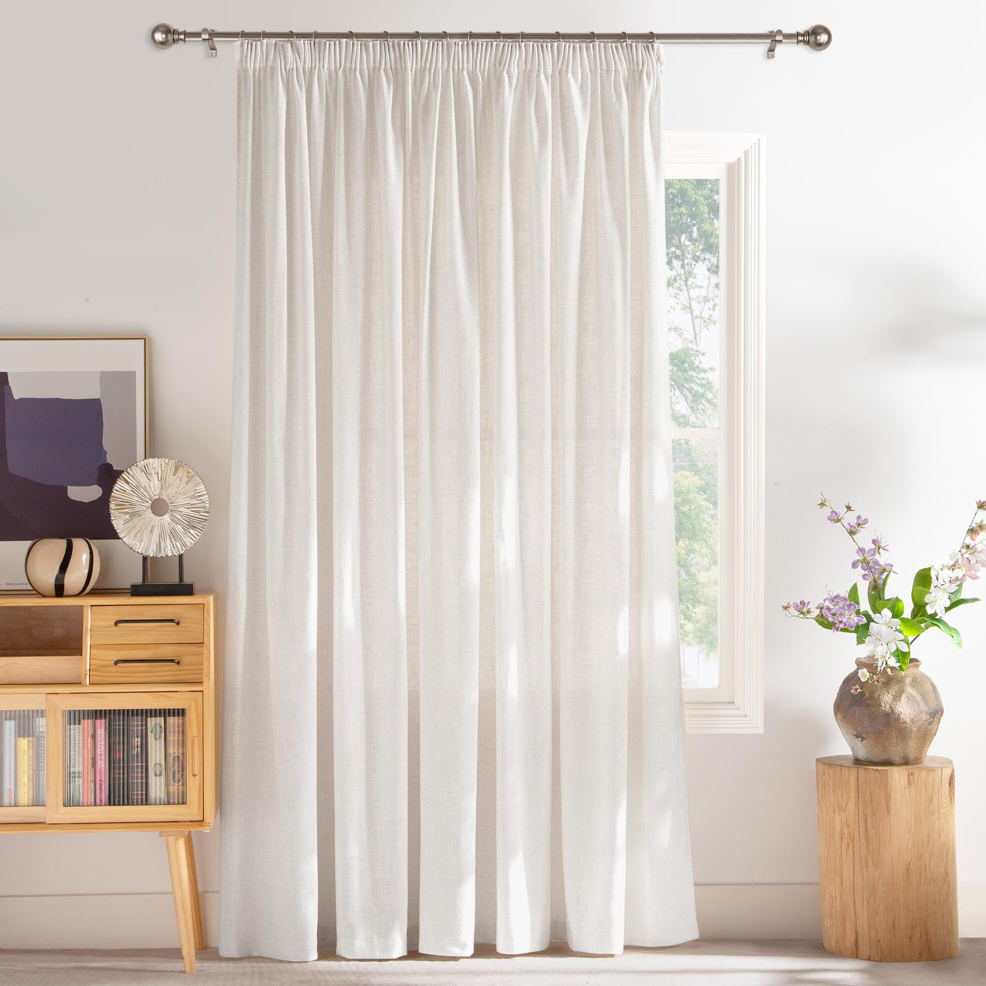 PONY DANCE Rideau Voilage Lin Decoration Maison Salon Chambre Cuisine Fenetre, Panneaux Galon Fronceur Draperies Intérieurs, Écru, Lot de 1, Chaque Panneau: L300xH245cm | Lot de 1 rideau en lin dense (250 g/m²), style bohème, aspect lin, pour salon, crème