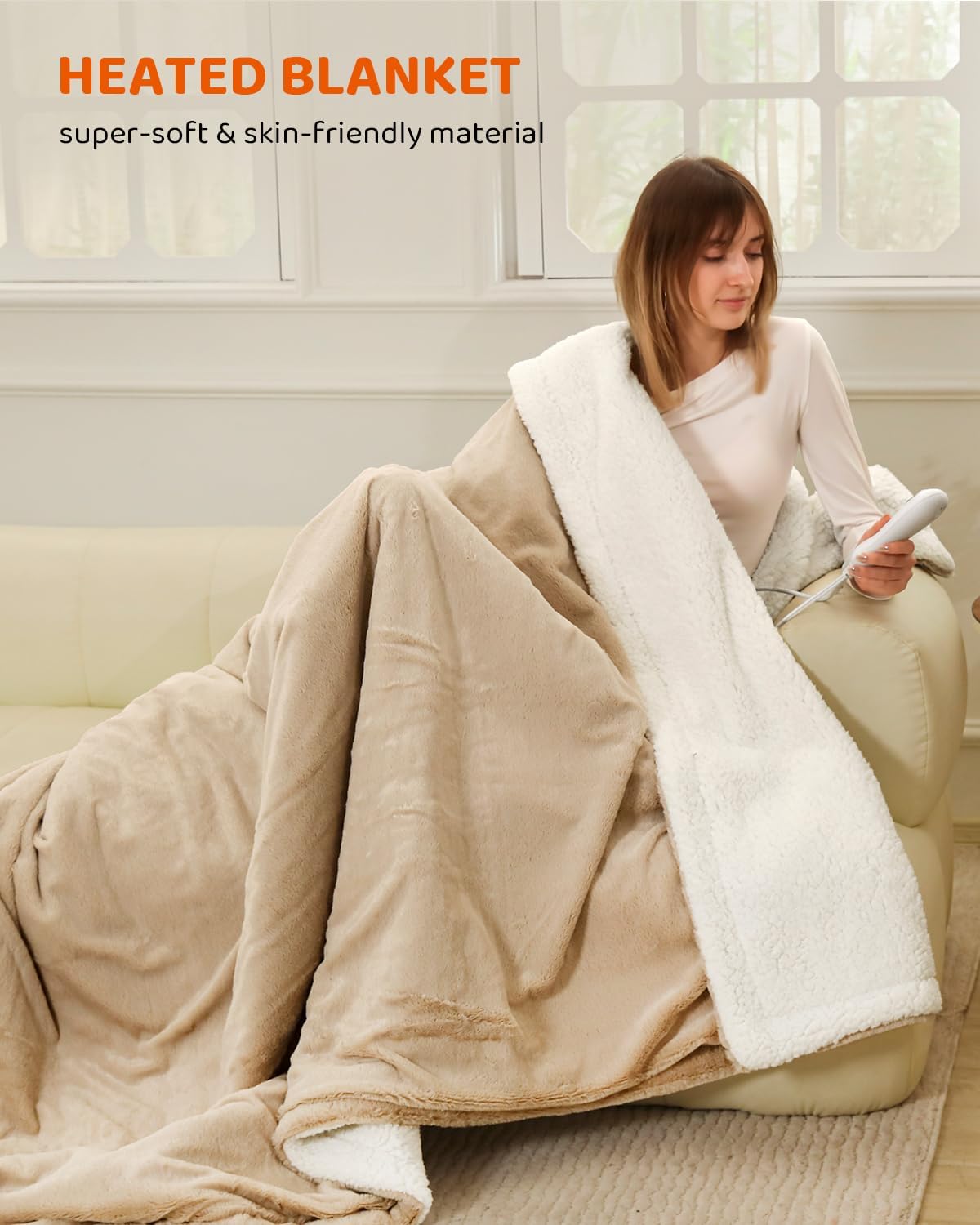 Heated Blanket Electric Blanket Twin Size, Faux Fur Heat Blanket, Super Soft Cozy Heating Blanket with 9 Heating Levels & 1-9 Hours Auto Off, Fast Heating & Overheat Protection, 62" x 84", Beige Beige Twin 62" x 84"