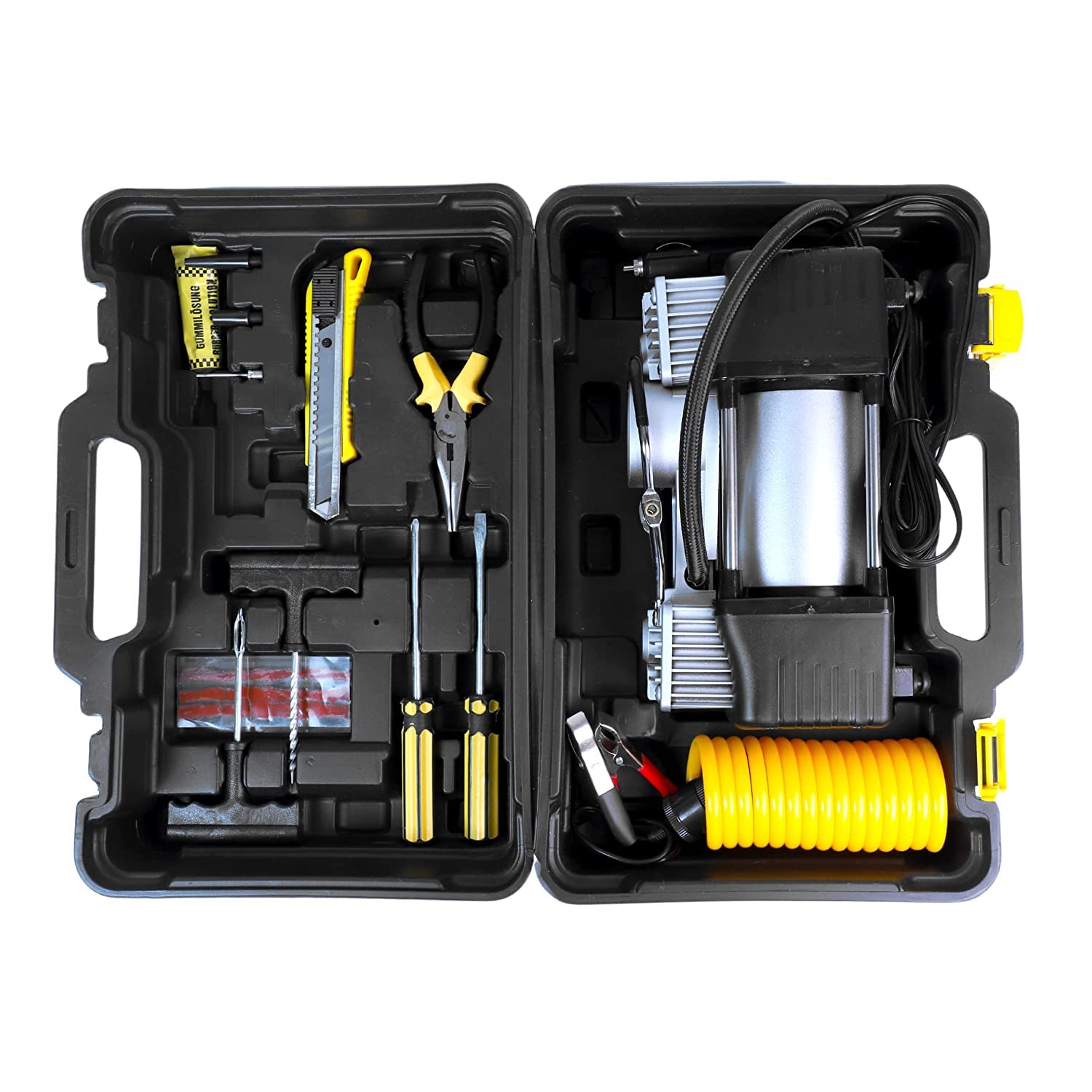 Portable Dual Cylinder Car Tyre Inflator Air Compressor Pressure Pump 150PSI 12 Volts with Toolbox and Tire Repair Kit