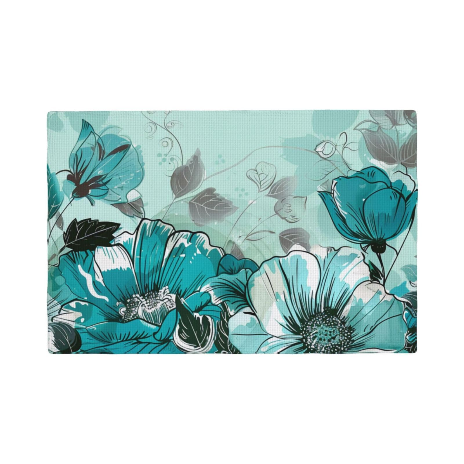 Ulkmffcf 6 Pcs Turquoise Teal Floral Printed Placemat Set Faux Linen Dining Placemats & Table Mats - Heat-Resistant, Non-Slip Coasters