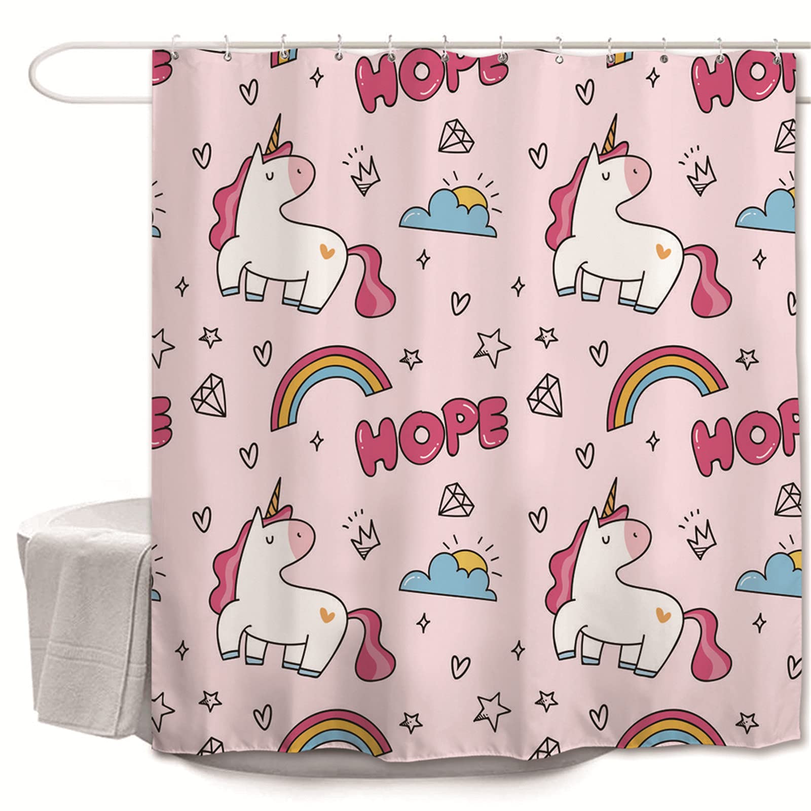 Oduo Cartoon Unicorn Shower Curtains Mould Proof Resistant Washable, 3D Unicorn Print Shower Curtains Waterproof Bath Curtain With 10-12 Hooks - Shower Curtain For Bathroom (,90X180cm)