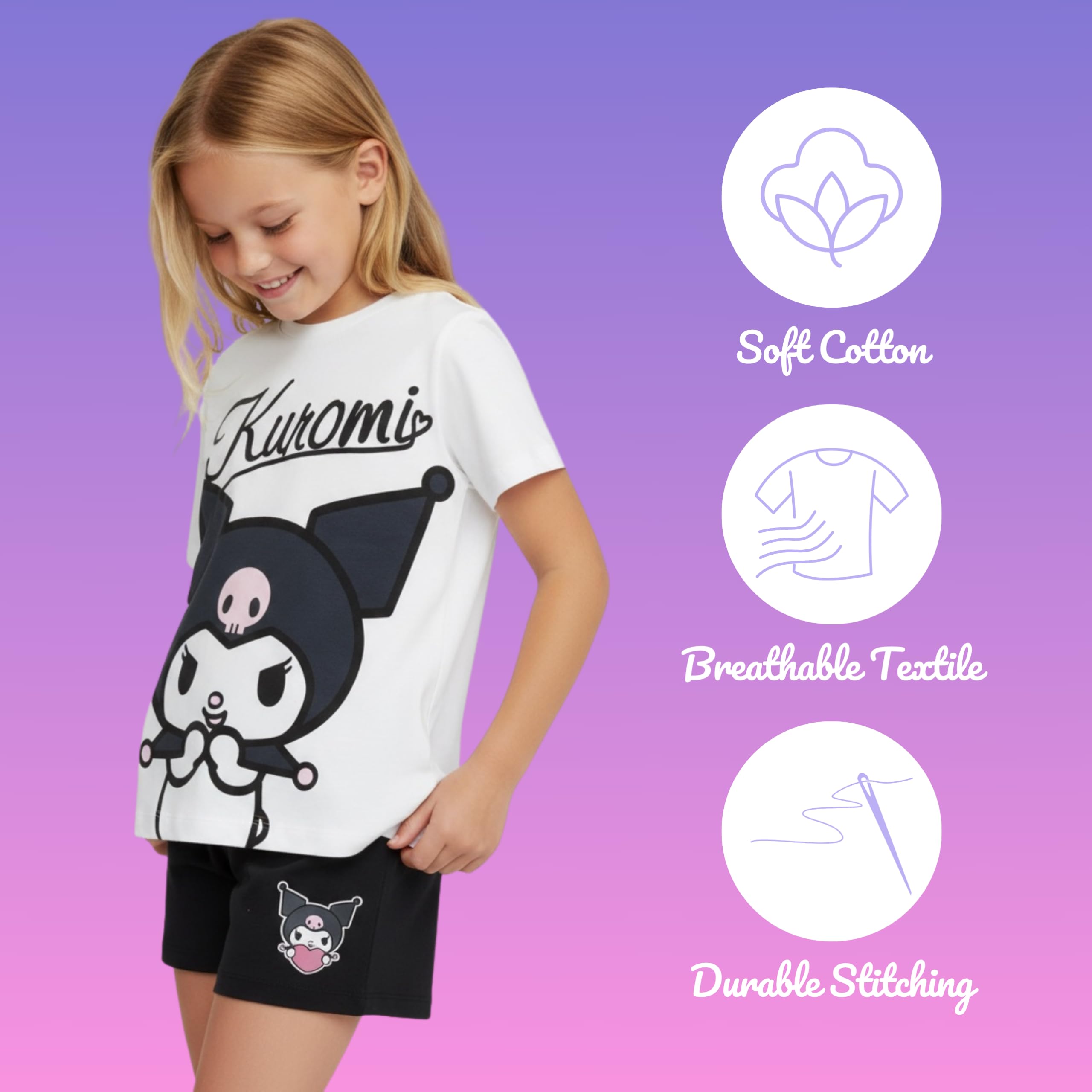Hello Kitty Kuromi Camiseta y Pantalon para Niña, Conjunto 2 Piezas Camiseta Manga Corta y Pantalon Corto, Tallas 4 a 10 Años
