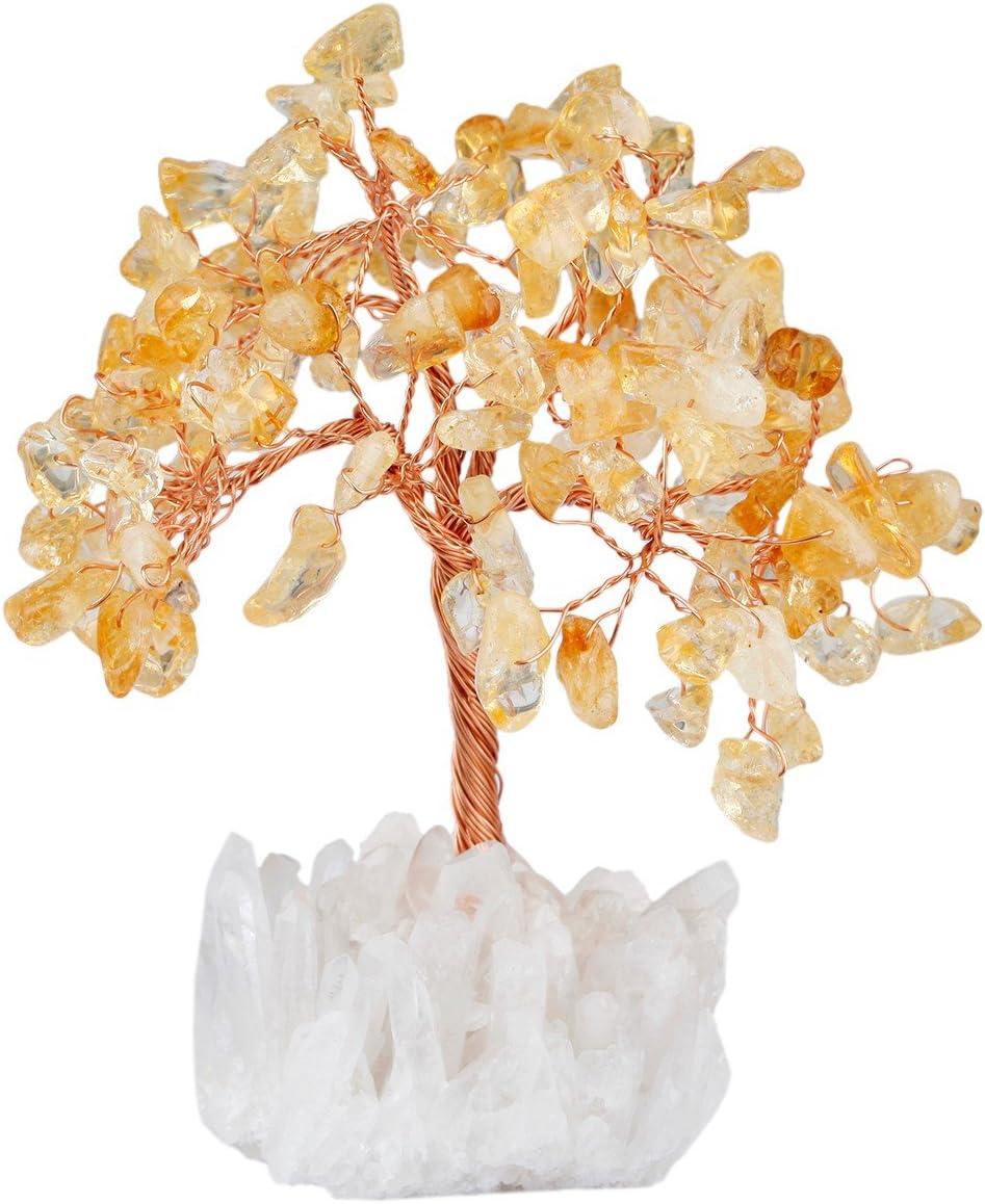 mookaitedecor Bundle - 2 Items: Citrine Crystal Tree with Quartz Cluster Rock Crystal Base & Heart Love Worry Palm Stone for Home Decor Mother’s Day