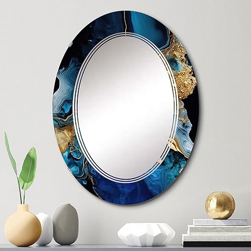 Miniatura 10 de DesignQ espejo de pared de mármol abstracto, espejo moderno ovalado, espejo de baño azul redondo, espejo de tocador de mármol abstracto dorado y