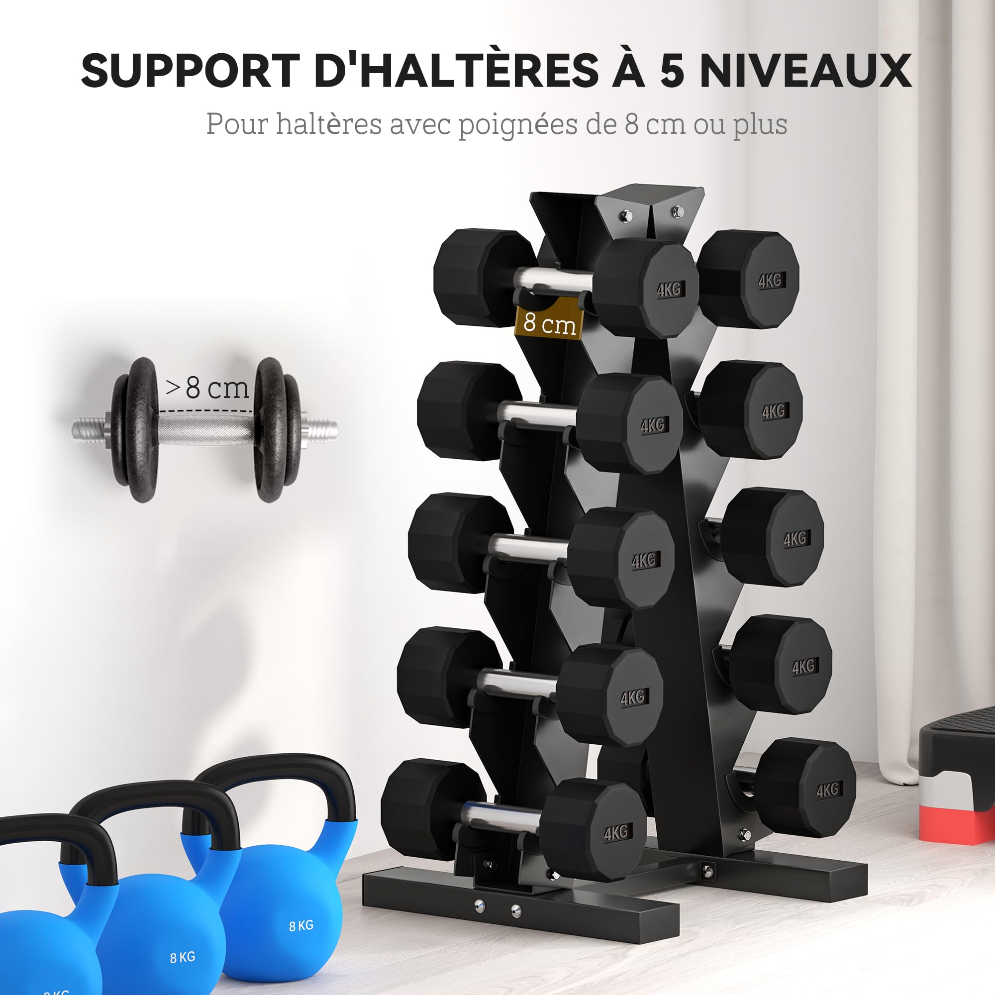 SPORTNOW Support d'haltères à 5 niveaux Charge 100 kg 35x33x66 cm Noir | Support de Stockage d'haltères en Acier, pour l'entraînement à Domicile