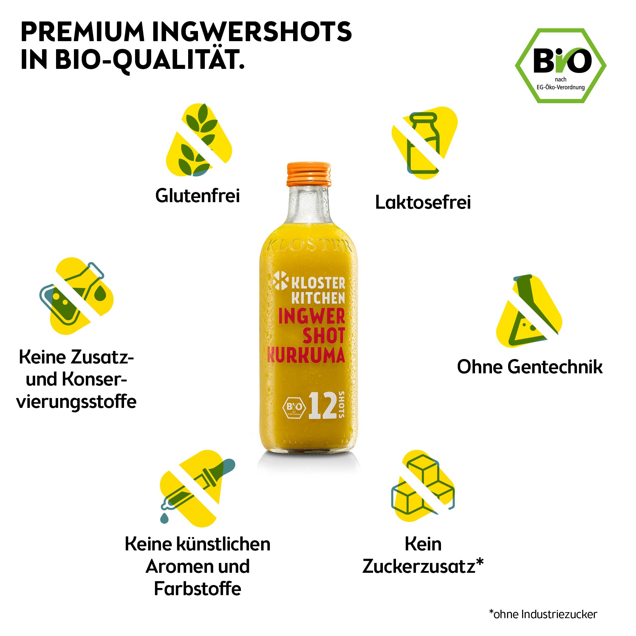 Kloster Kitchen Organic Ginger Shot Turmeric 12SHOTS 6x 360 ml con trozos de jengibre auténtico, en botella de cristal, vegano sin aditivos y con dulzor natural (incl. 1,50 € de depósito)