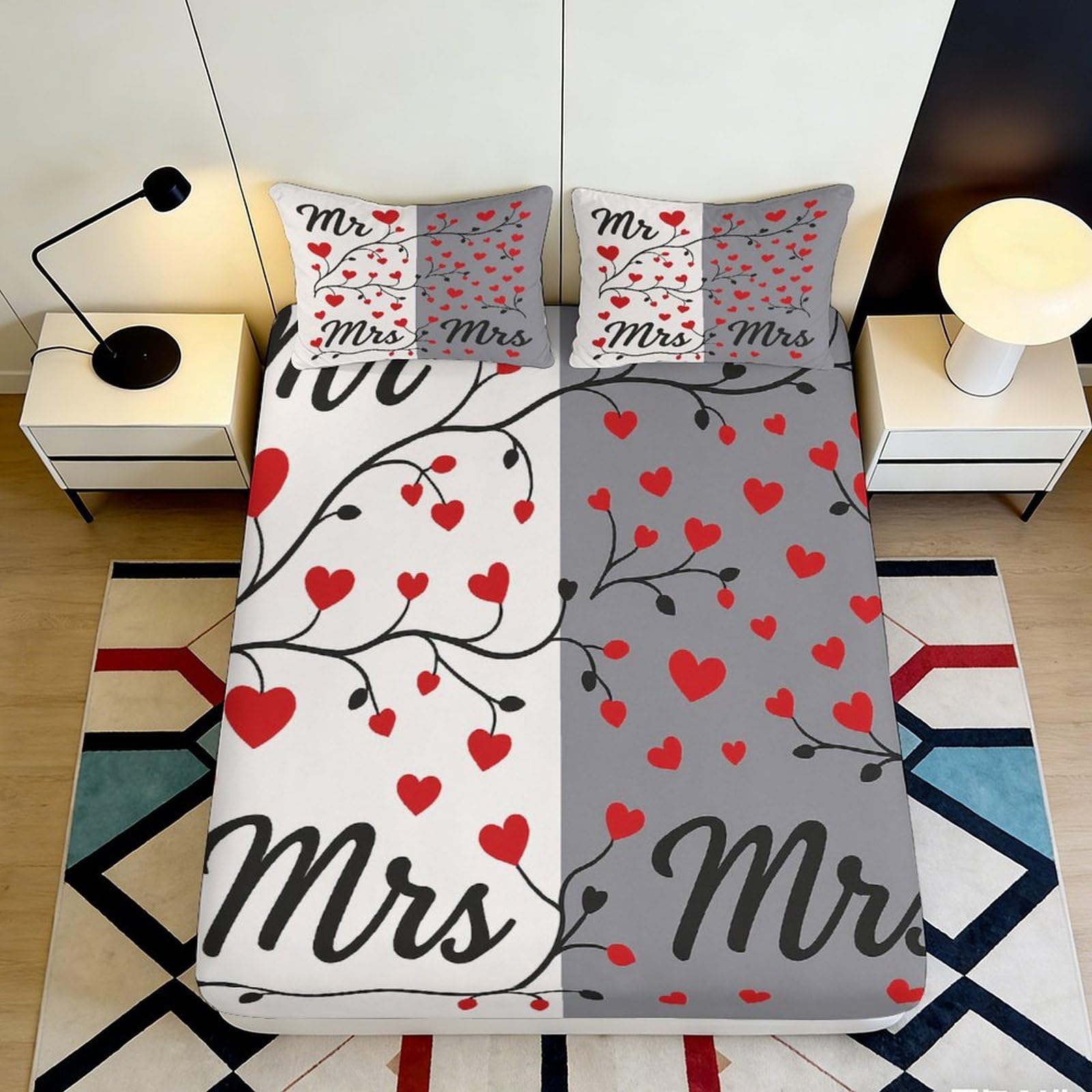 3D Printed Couples Love Heart Fitted Sheet Microfiber Anti-Slip Mr Mrs Bed Cover Bedroom Decor Machine Washable 90x200x25cm