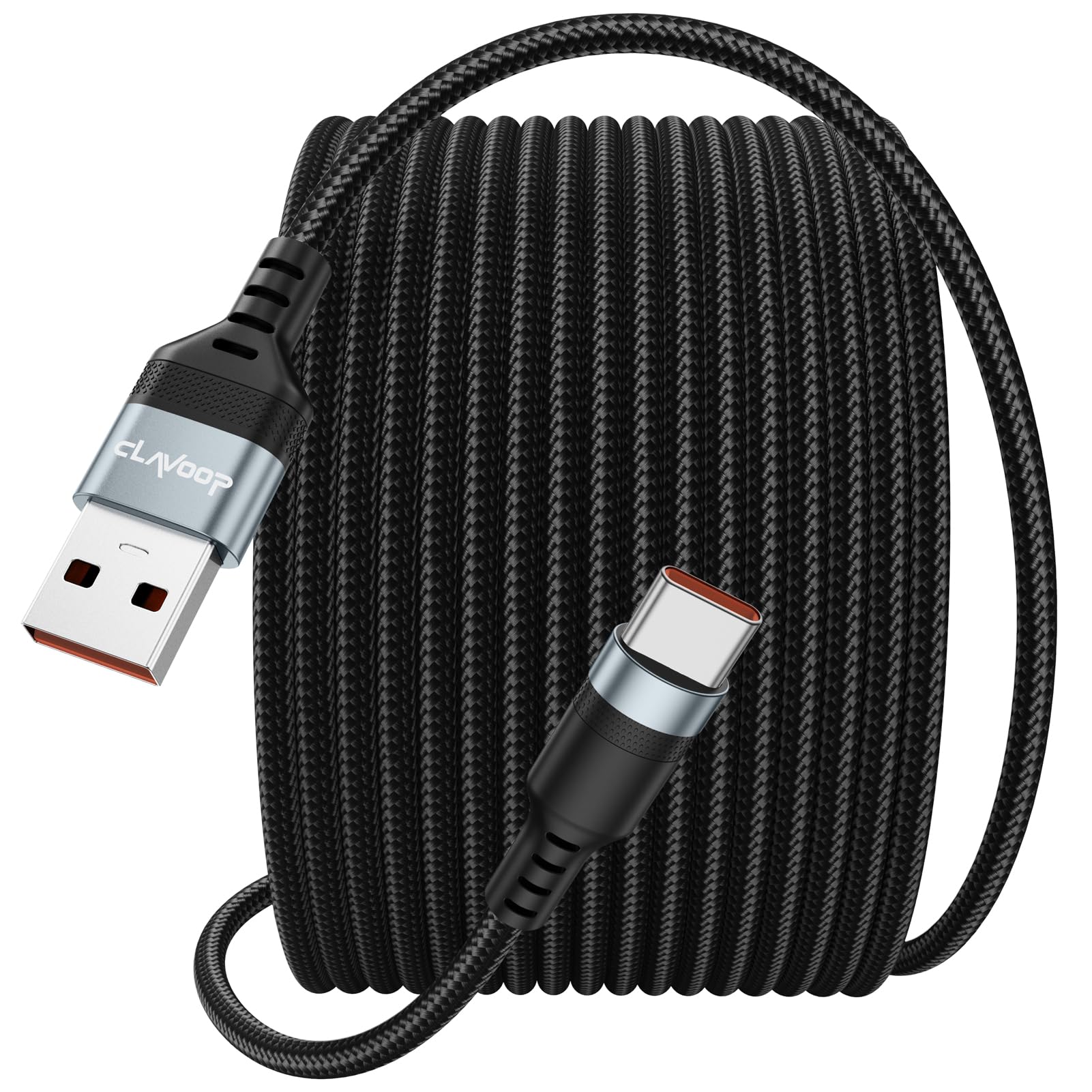 Cable USB C de 25 pies de carga rápida de 12 W, cable de carga USB A 2.0 a USB-C de 25 pies, 480 Mbps, transferencia de datos tipo C, trenzado negro para iPhone 17/16/15, Galaxy S25/24/23, Pixel XL/2