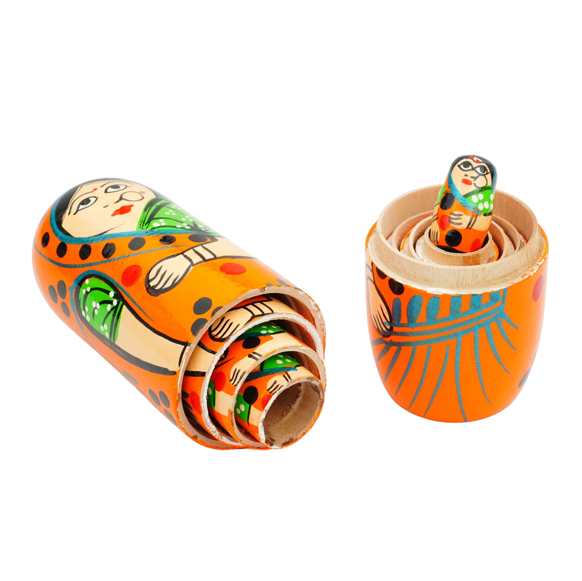 Fine Craft India Set of 5 Piece Orange Hand Paint Cute Wooden Russian Matryoshka Stacking Nested Wood Dolls 2