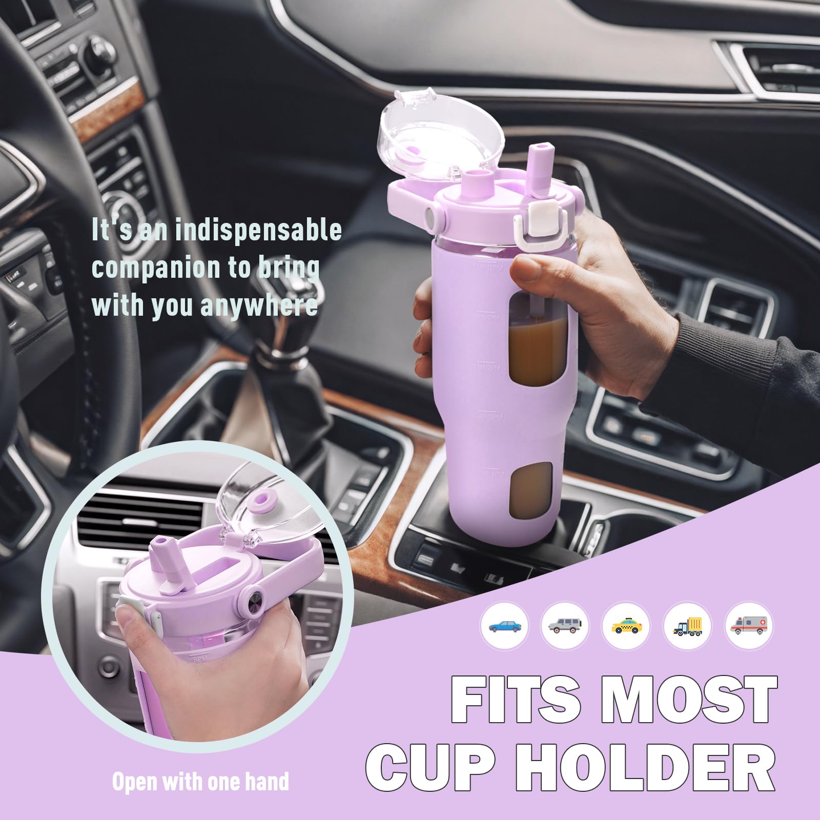 BLUEGO 960ml Bottiglie d'acqua in vetro con cannuccia e indicatore del tempo Bottiglia d'acqua sportiva grande con custodia in silicone 0,96 litri Brocca d'acqua in vetro per palestra, Viola