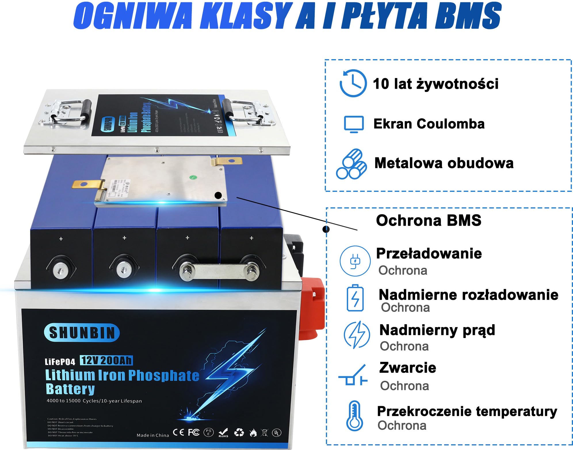 Lifepo4 bateria litowa 12V 200Ah 2560Wh Powłoka ze stali nierdzewnej z ładowarką Coulomb metr Maksymalne cykle głębokie 20000 Bateria fosforanu litowego słoneczny/kamper/łódź/wózki golfowe