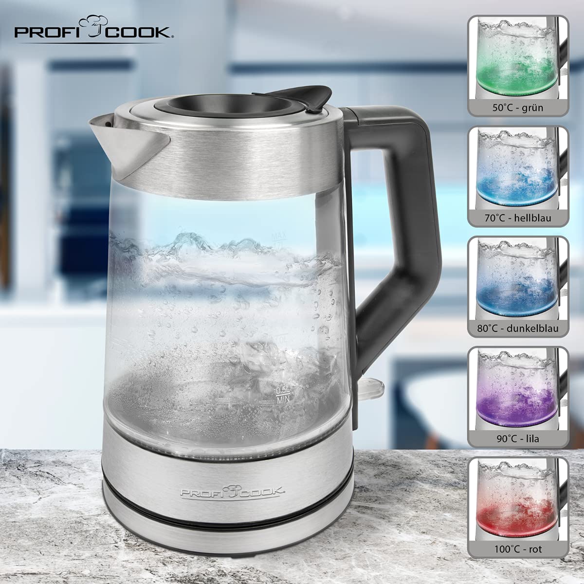 ProfiCook® Bouilloire électrique avec éclairage coloré et capacité de 1,7 litre,verre avec éclairage du réservoir d'eau en fonction de la température, Kettle avec arrêt automatique,2200W-PC-WKS 1190 G