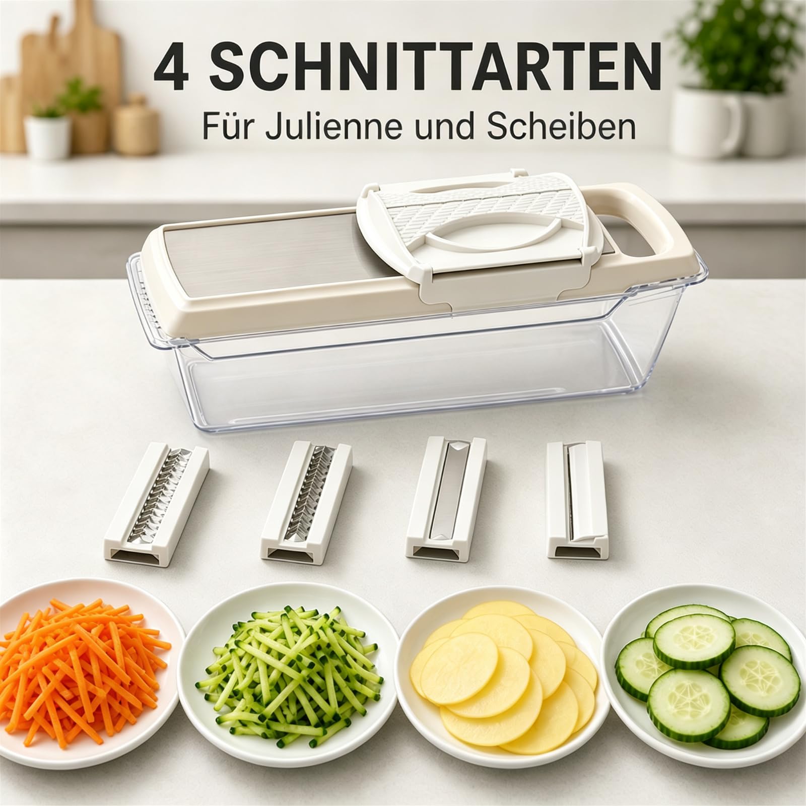 Mandoline Gemüsehobel mit Behälter, 4 Einsätze für Gemüse, Cremeweiß