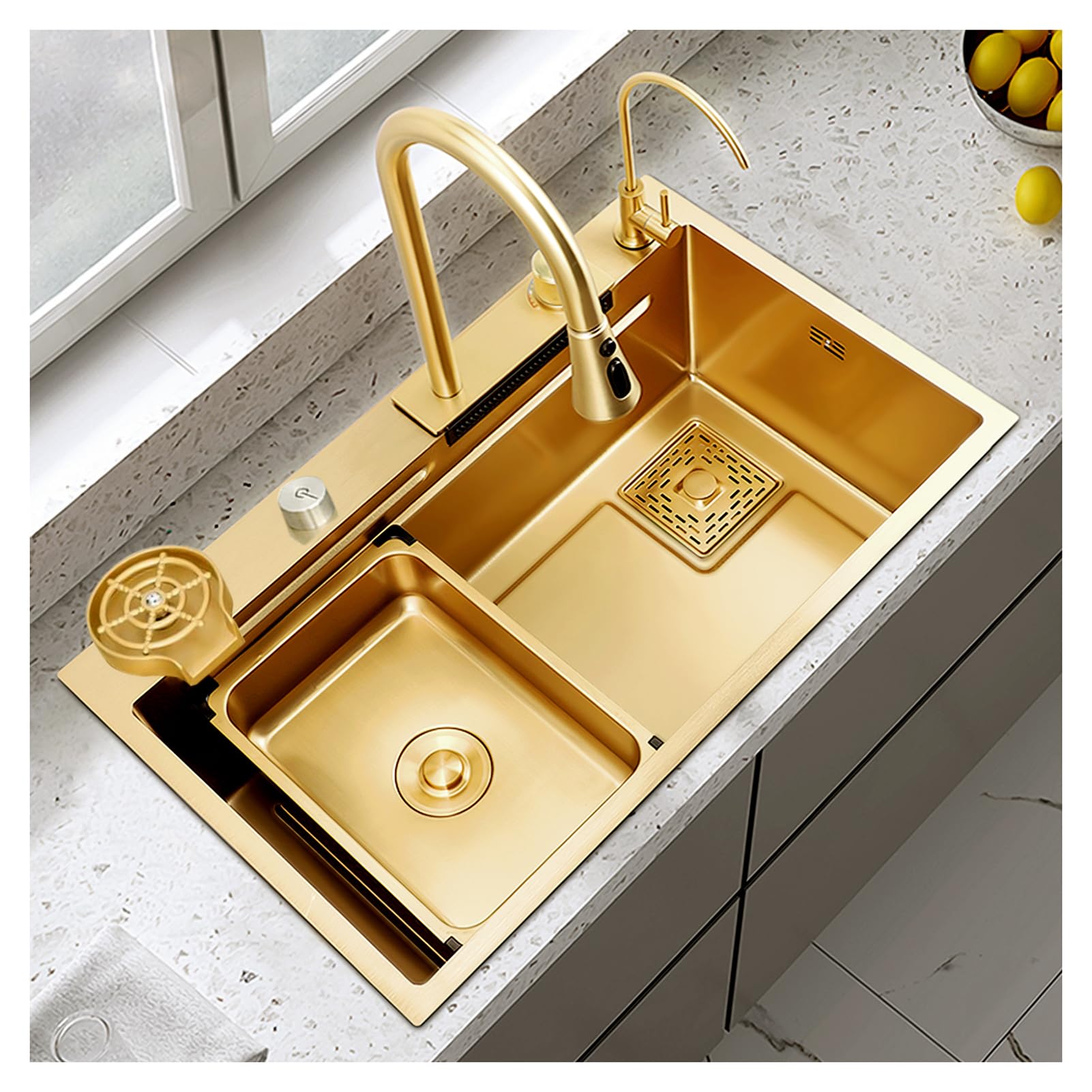 ZQFHSX 75 x 50 cm, golden kitchen bar sink, stainless steel sink with waterfall effect, integrated pull-out tap, cup rinse, drain fittings