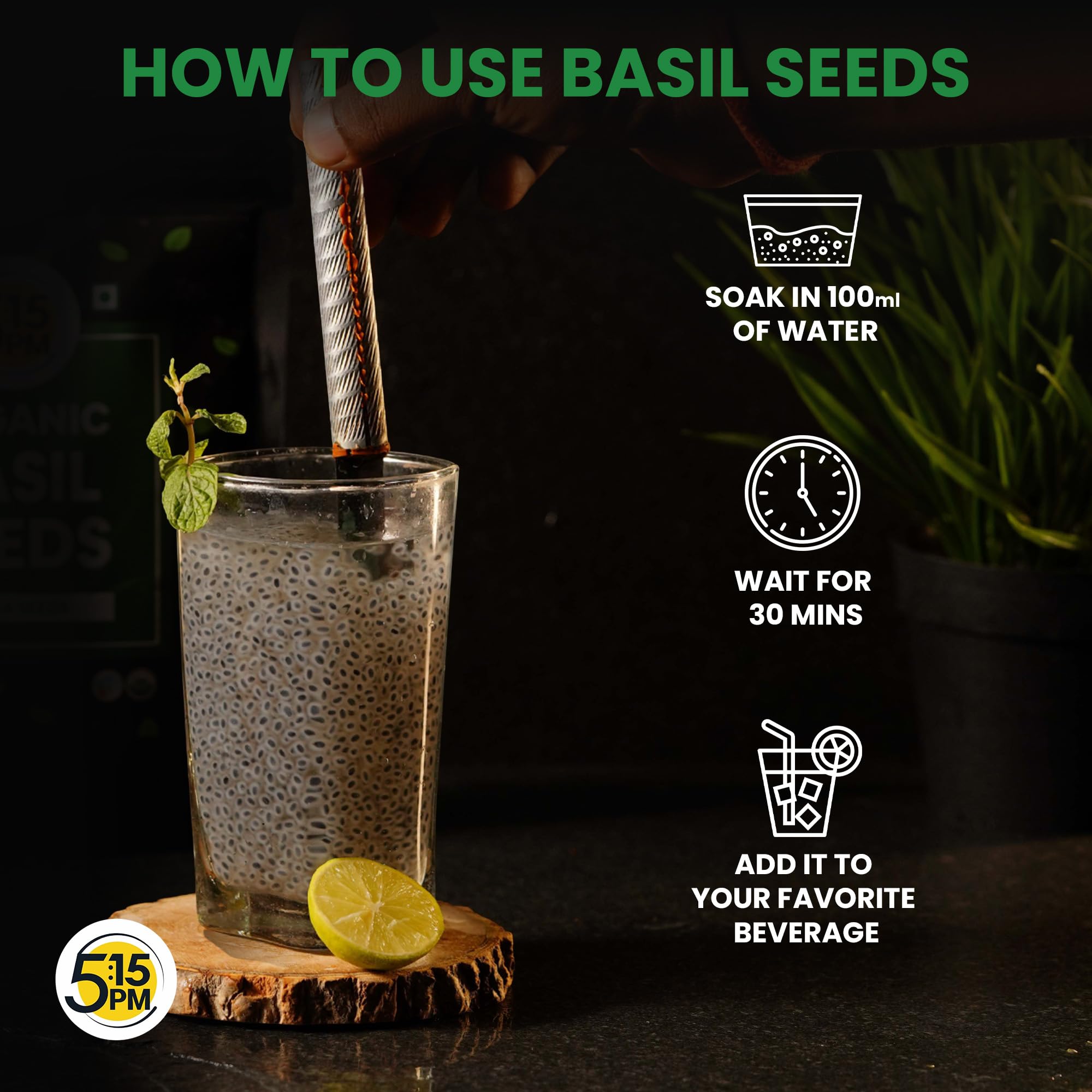 5:15PM Organic Sabja Seeds 250g | Organic Basil Seeds for Eating | Tukmaria, Basil Seed 250 gms |Sabja Seed 3