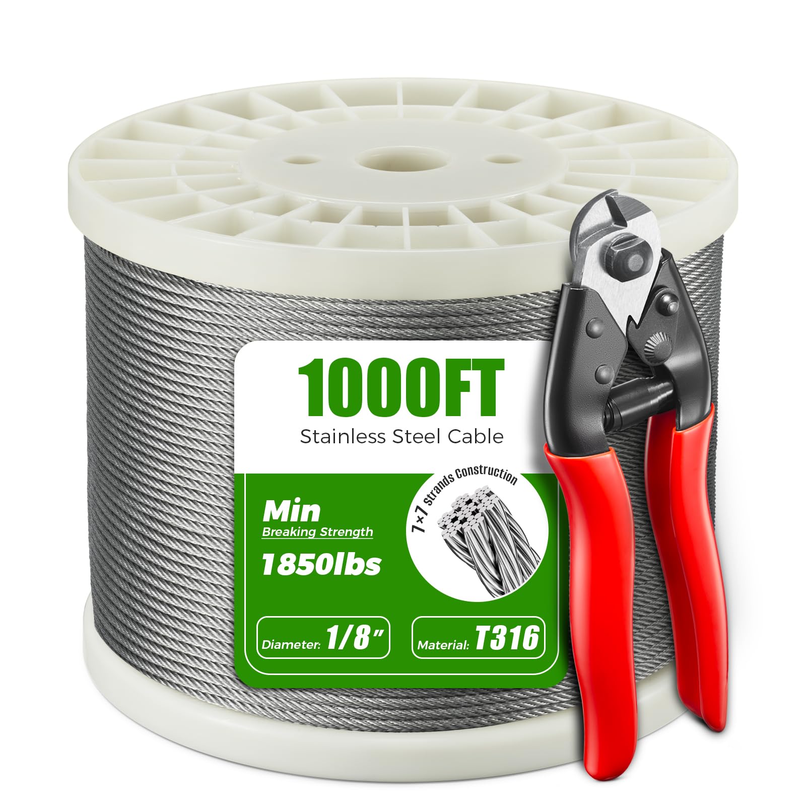 WAYSKA 1/8" T316 Stainless Steel Cable 1000FT, Wire Rope Aircraft Cable with a Cutter for Fence, Deck Cable Railing Kit and DIY Balustrades, 7 x 7