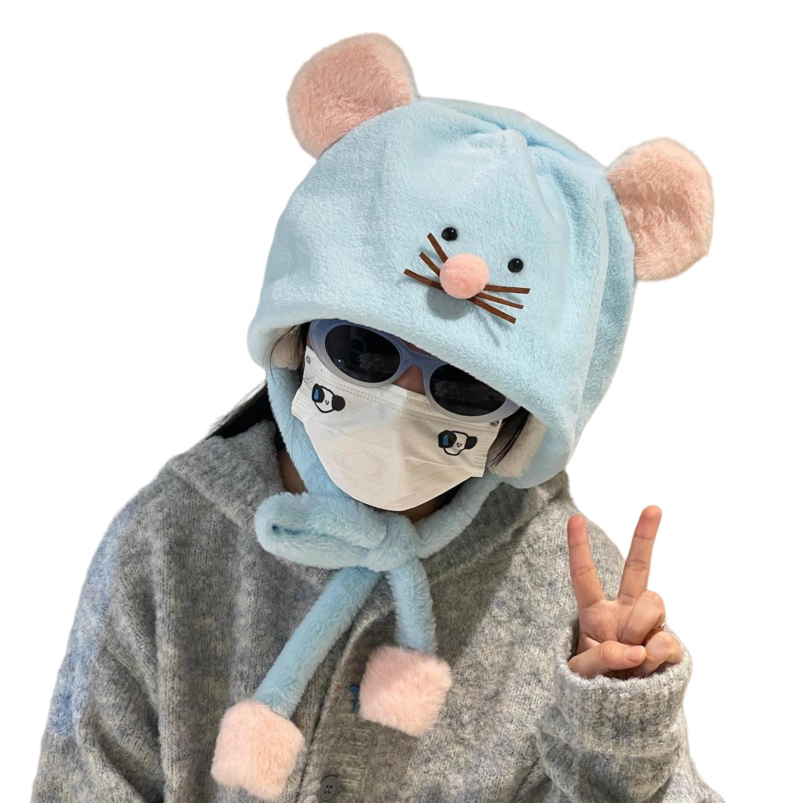 Furry Cartoon Head Covering with Pompoms for Outdoor Sports Furry Hat with Ear Oversized Headgear Hat for Winter, B, M