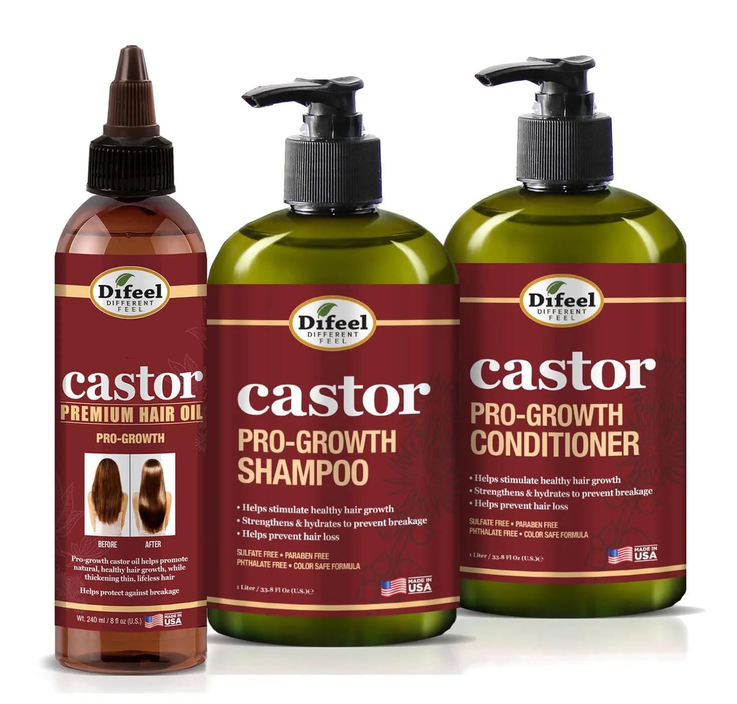 Difeel Pro-Growth Hair Care Set with Castor Oil - 3-PC Style: Shampoo & Conditioner 12oz EACH, & Hair Oil 8oz