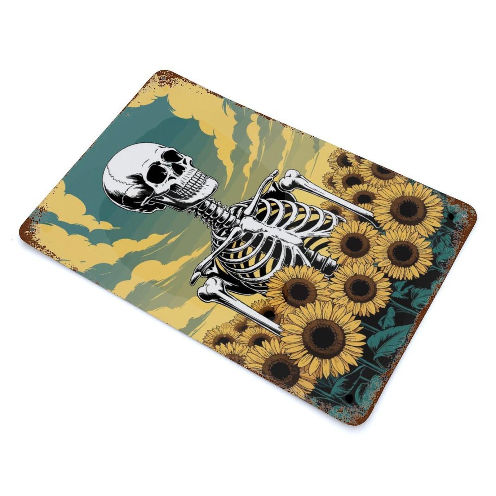 Skeleton in Sunflower Field Illustration Rusty Metal Tin Sign 11.8"x7.9", for Basement, Hobby Room And Garage Decor, Retro Wall Decor