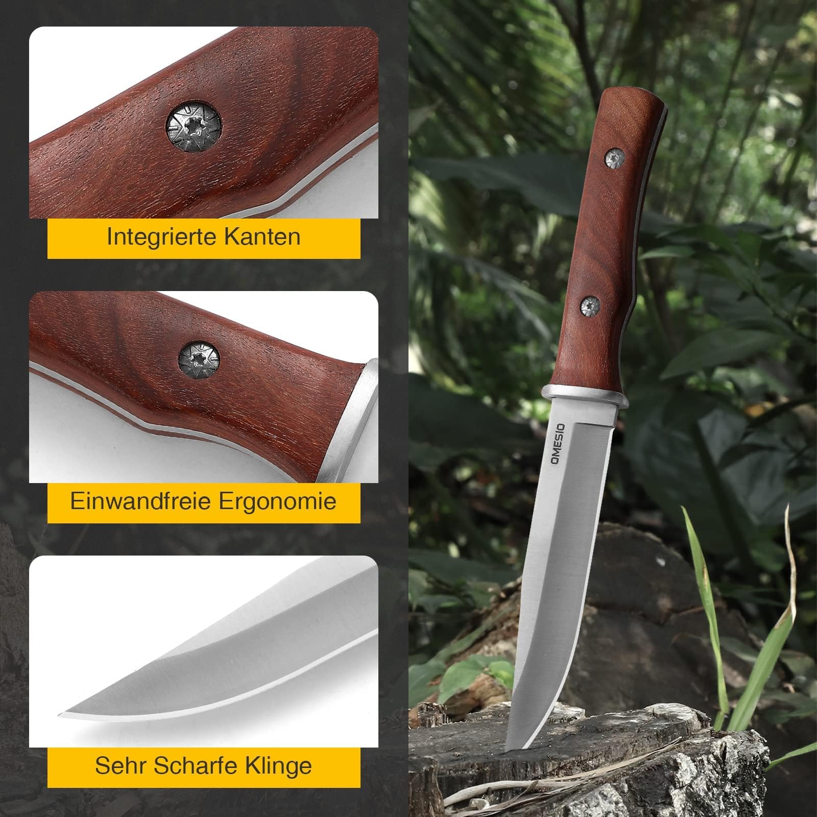Omesio Cuchillo de Caza Cuchillo Supervivencia de Hoja Fija Caza Cuchillos de Hoja Fija Senderismo bushcraft al Aire Libre, Madera