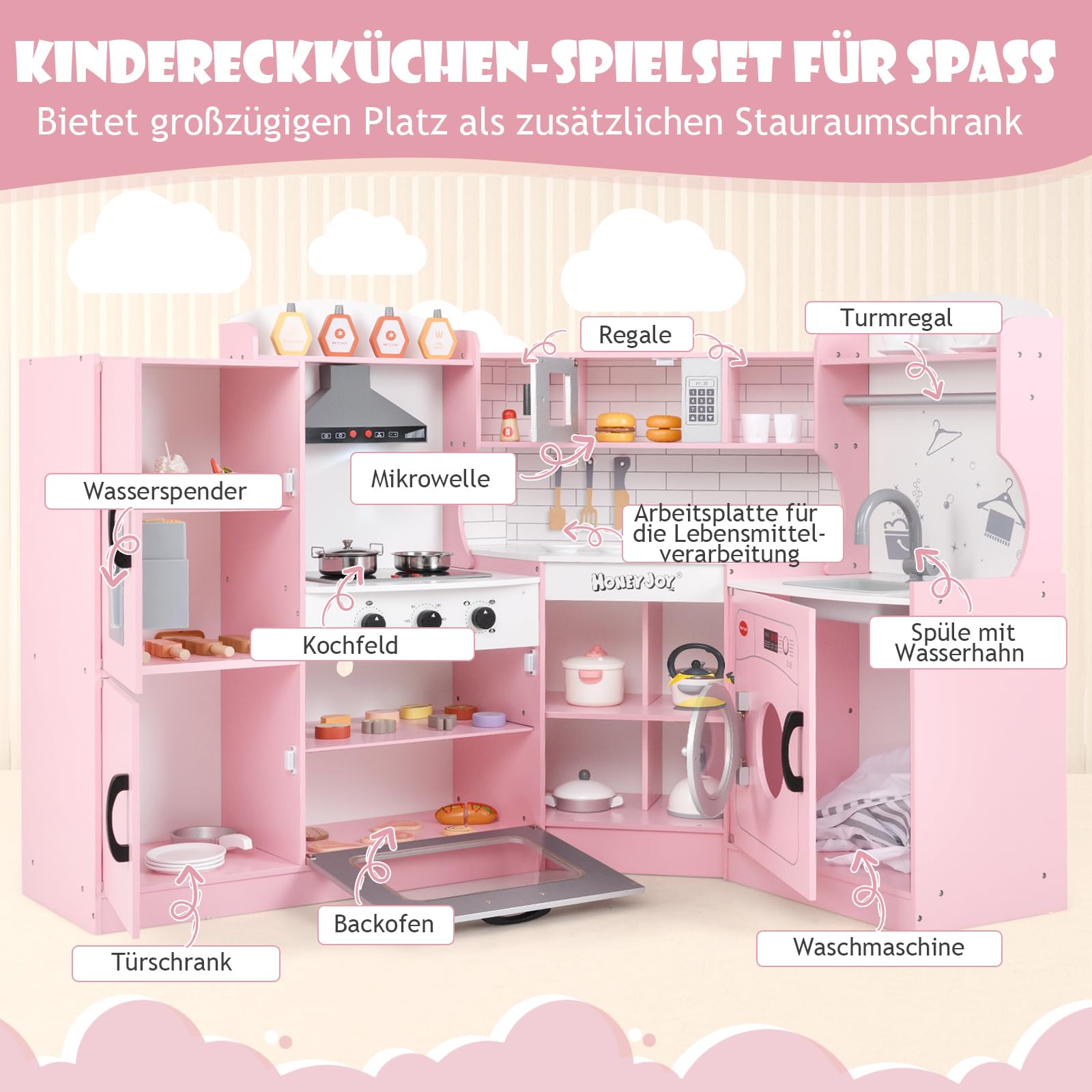 DREAMADE Kinderküche mit Licht und Sound, Kinder Küche Eckküche aus Holz mit Herd Spüle Backofen Waschmaschiene, Spielküche mit 14 TLG. Spielzubehör für Kinder ab 3 Jahren (Rosa)
