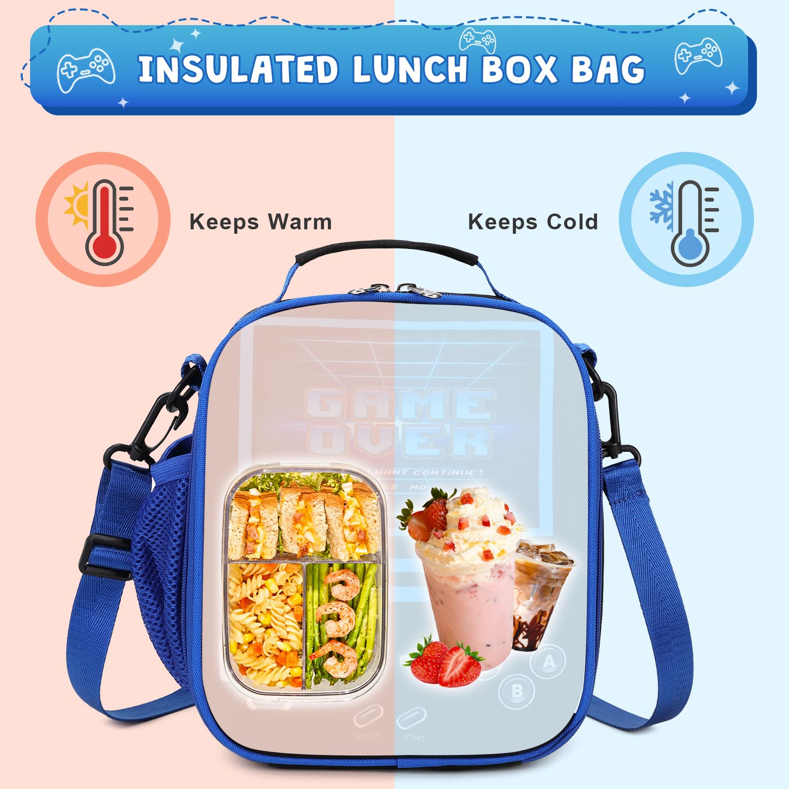 ACESAK Gamer Luminous Lunch Box - Insulated Cool Lunch Bag With Glow In Dark Design For Kids, Teens, Red