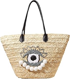 QTKJ Straw Bag, Summer Beach Bag, Hand-Woven Women Large Hand Bag, Evil Eye Style Retro Rattan Bag Shoulder Bag Crossbody Bagï¼ˆBeigeï¼‰