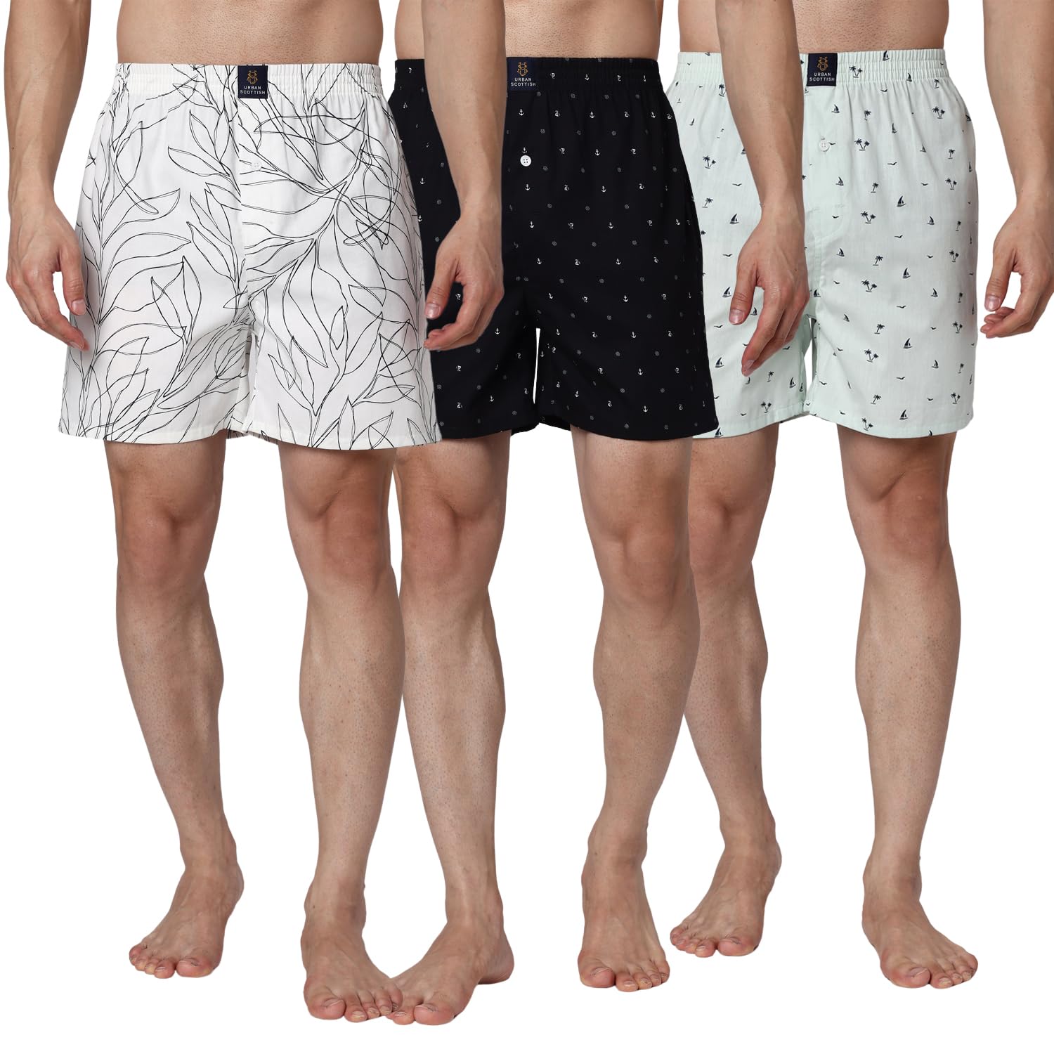 Urban Scottish Ultra-Comfortable Men's Boxer Pants (Pack of 3) - 100% Cotton Material with A Stylish Print - Soft and Stretchy Elastic Waist Band - Dynamic Movement and Hardwearing Stitching