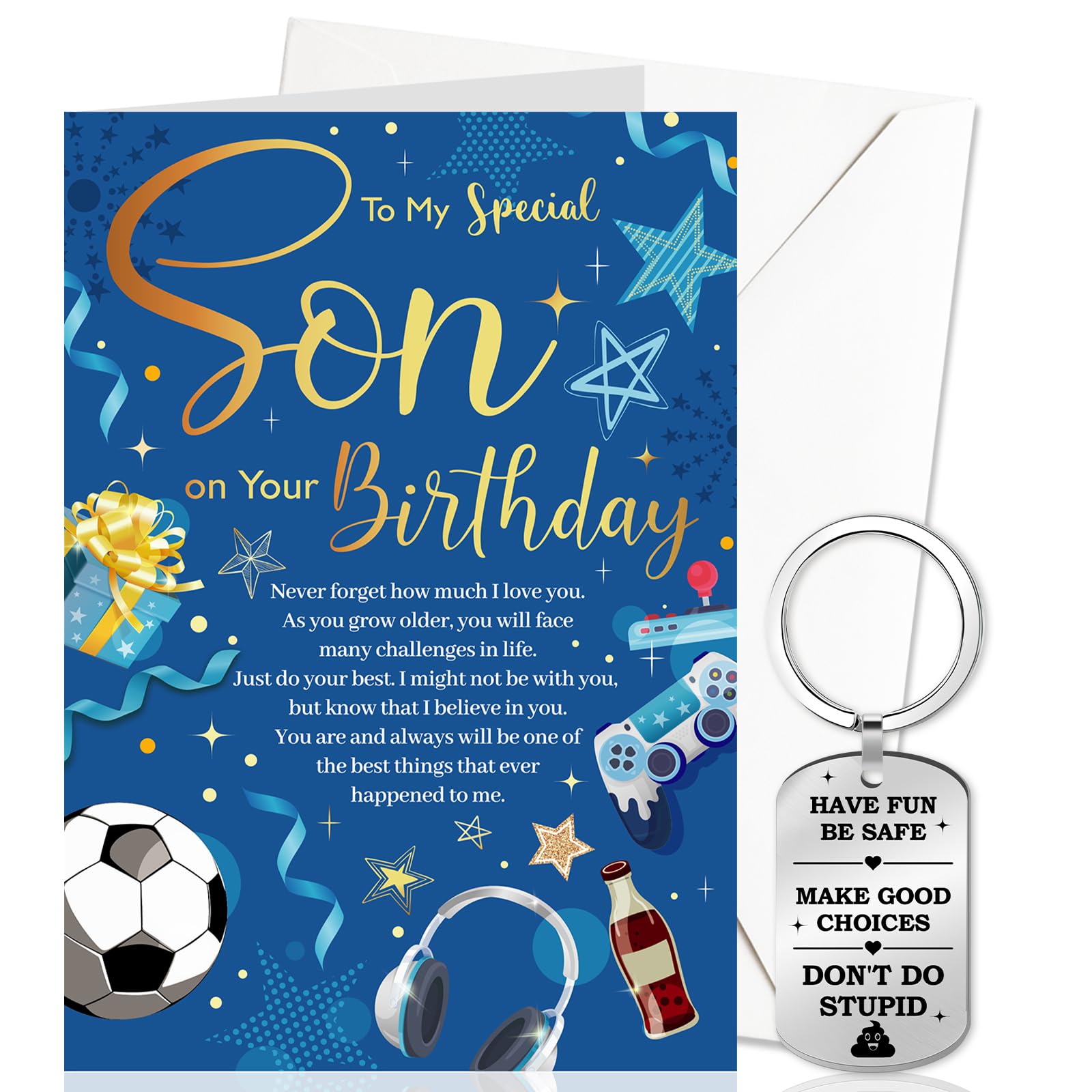DPKOW Son Birthday Card Gifts from Mum and Dad, B-Day Keyring Keychain B-Day Greeting Card with Envelope, Happy Birthday Gifts for Son from Parents