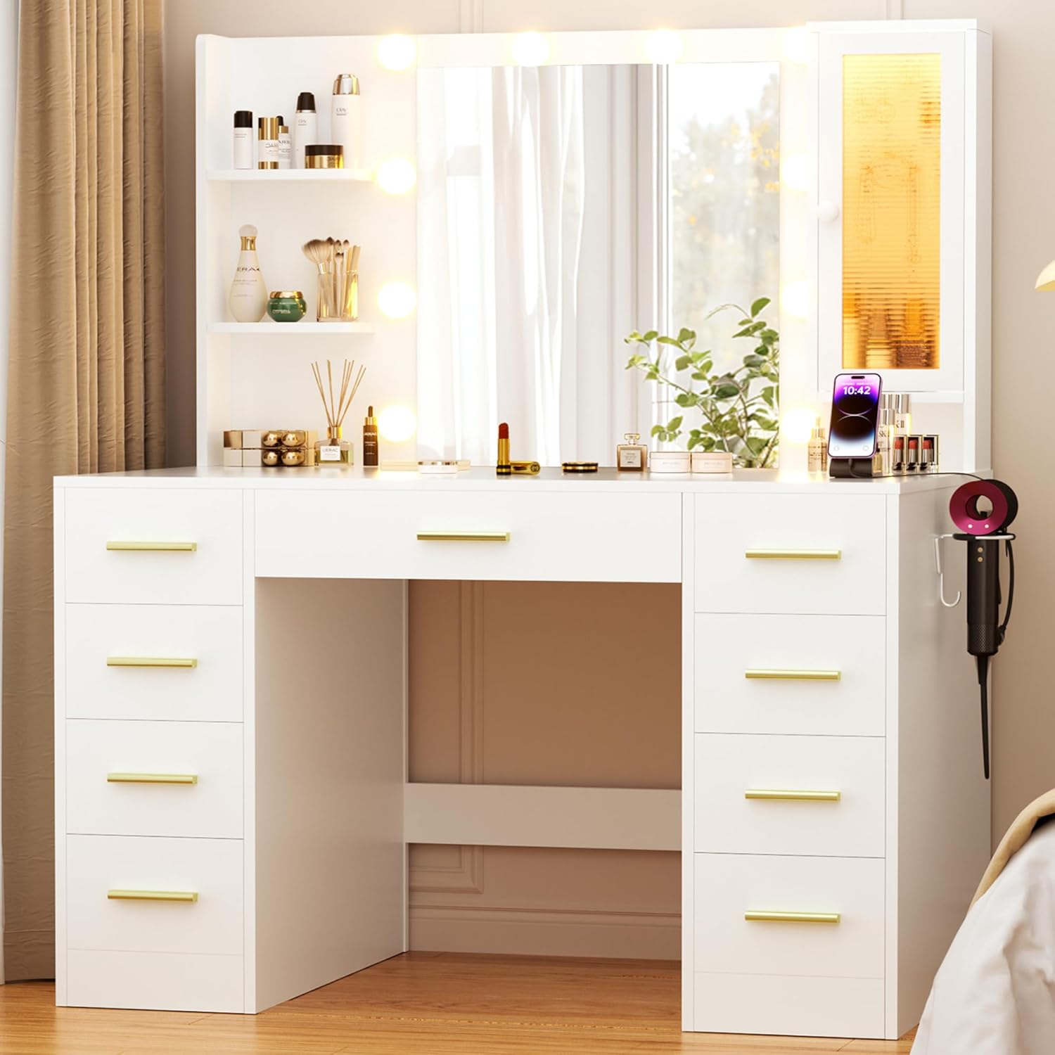 ERLEJIA Vanity Desk with Mirror and Lights, Large 43" White Makeup Vanity Desk with 9 Drawers and Power Outlet, 3 Open Shelves and 1 RGB Lighting Cabinet, White and Gold